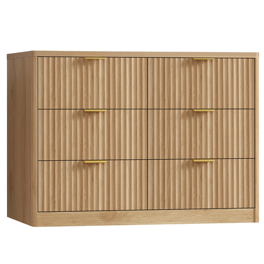 USIKEY 47.3''Wide Fluted 6 Drawer Dresser for Bedroom,  Modern Chest of Drawers, Wood Closet Clothes Organizer for Bedroom, Hallway, Natural