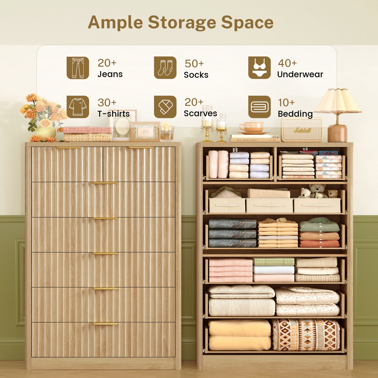 Usikey Fluted 6 Drawers Dresser for Bedroom, 48" H Modern Chest of Drawers with Metal Handle,  Wood Closet Organizer Wood Dressers for Living Room