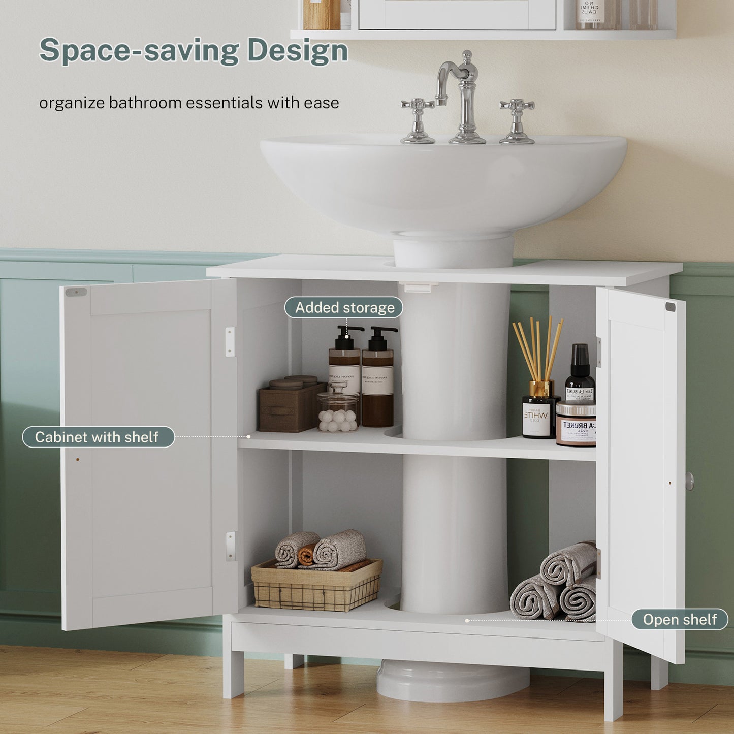 USIKEY Pedestal Sink Storage Cabinet with 2 Doors and Shelf, Under Sink Cabinet, Bathroom Sink Cabinet with U-Shape, White