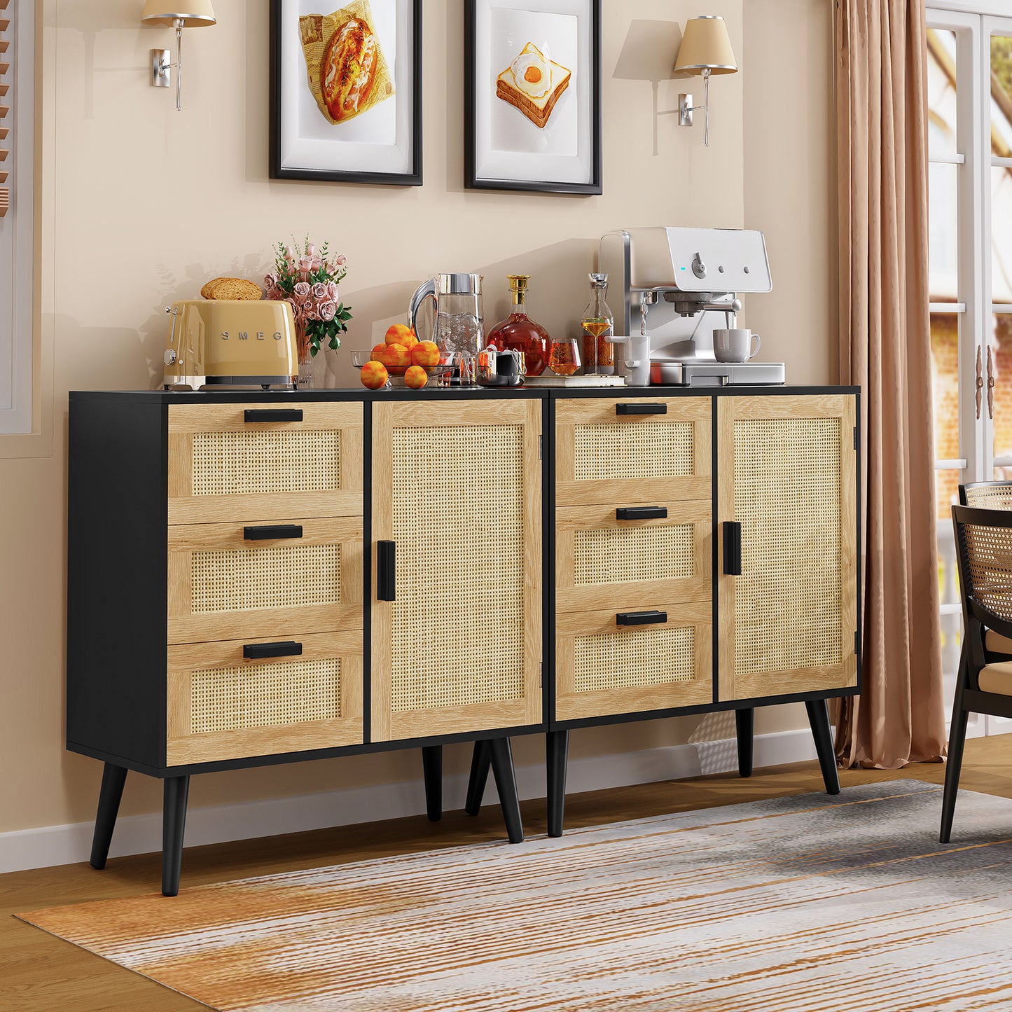 Storage Cabinet with 3 Drawers, Rattan Cabinet with Adjustable Shelf, Accent Cabinet for Living Room, Entryway