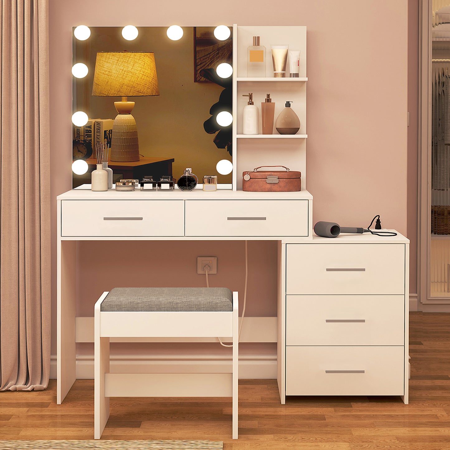 Large Vanity Desk with Mirror & 10 LED Lights, Makeup Vanity Dressing Table with Power Strip, Storage Shelves & 5 Drawers, Vanity Table Set with Cushioned Stool for Women Girls