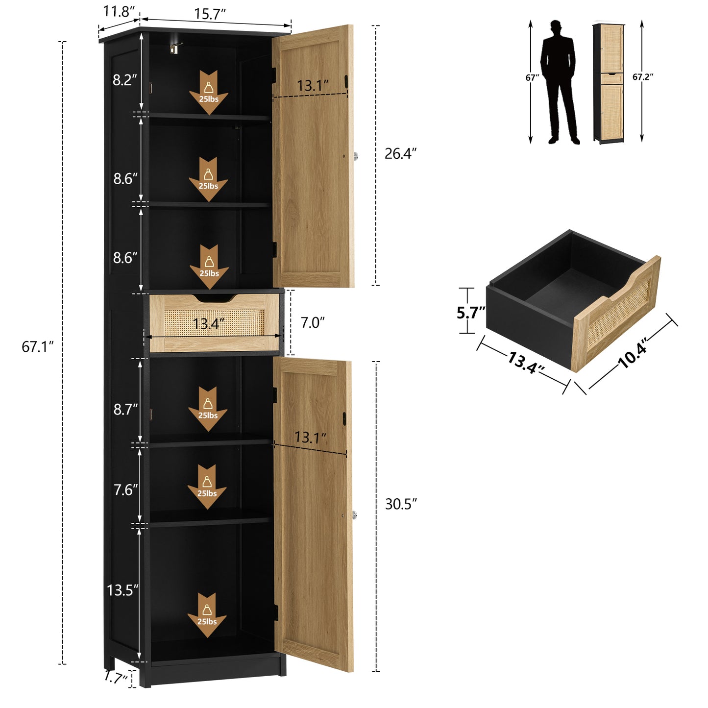 usikey Tall Bathroom Cabinet with Doors, Rattan Storage Cabinet with Adjustable Shelves, Freestanding Narrow Linen Cabinet for Living Room, Entryway, Kitchen, Home Office, Natural