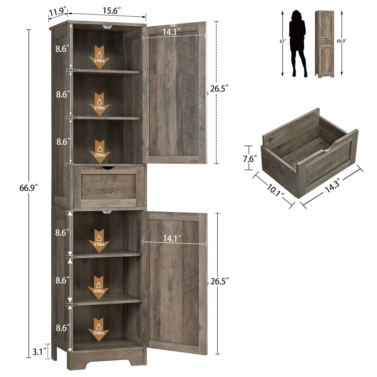 usikey Tall Bathroom Cabinet with Doors, Rattan Storage Cabinet with Adjustable Shelves, Freestanding Narrow Linen Cabinet for Living Room, Entryway, Kitchen, Home Office, Natural