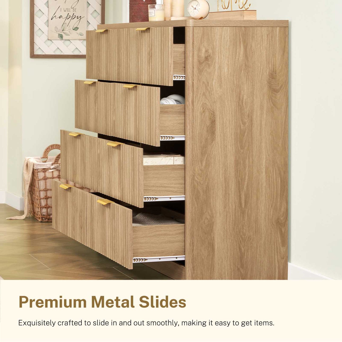 Usikey Fluted Dresser for Bedroom with 8 Drawers, 47'W Modern Chest of Drawers with Metal Handle, Wood Clothes Storage Organizer for Living Room, Oak