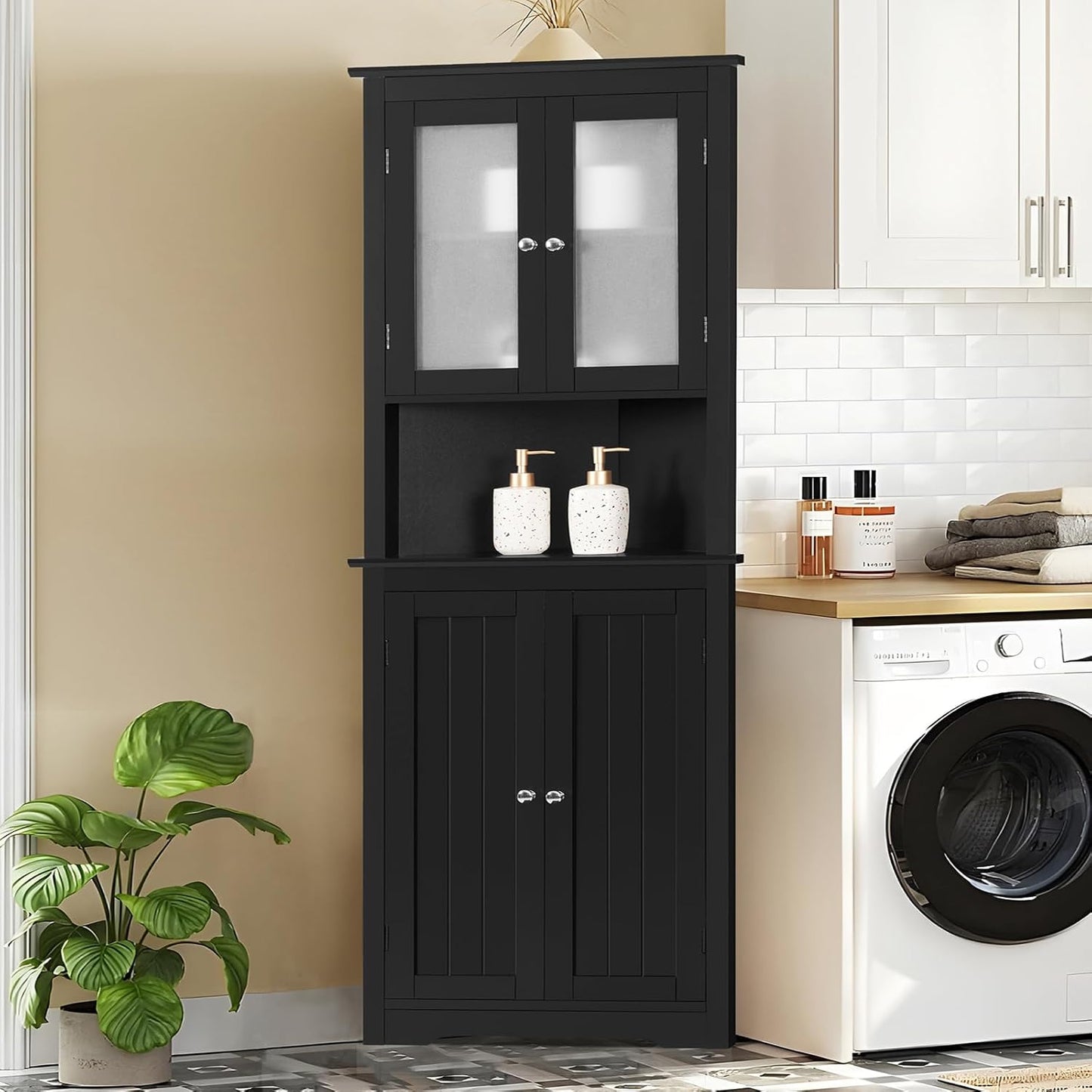 63.8" Tall Corner Cabinet with 4 Doors and 5 Storage Shelves, Corner Bathroom Cabinet, Freestanding Storage Cabinet for Bathroom, Living Room, Kitchen