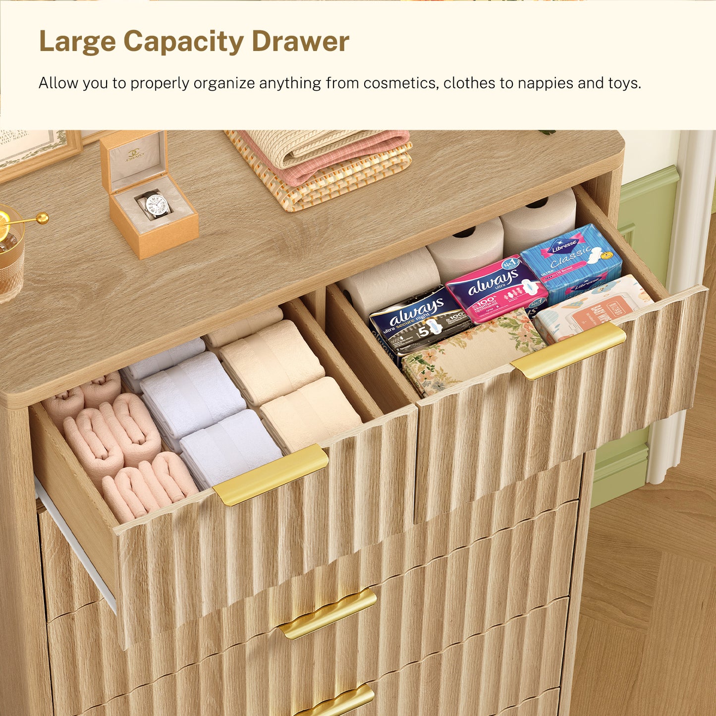 Usikey Fluted 6 Drawers Dresser for Bedroom, 48" H Modern Chest of Drawers with Metal Handle,  Wood Closet Organizer Wood Dressers for Living Room