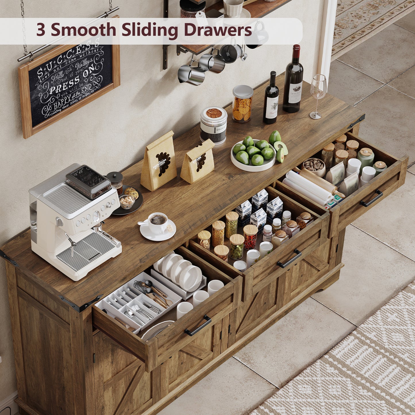 USIKEY 55" Buffet Cabinet With Storage, Large Sideboard Buffet Storage Cabinet With 3 Drawers, Farmhouse Coffee Bar Cabinet, For Kitchen, Living Room