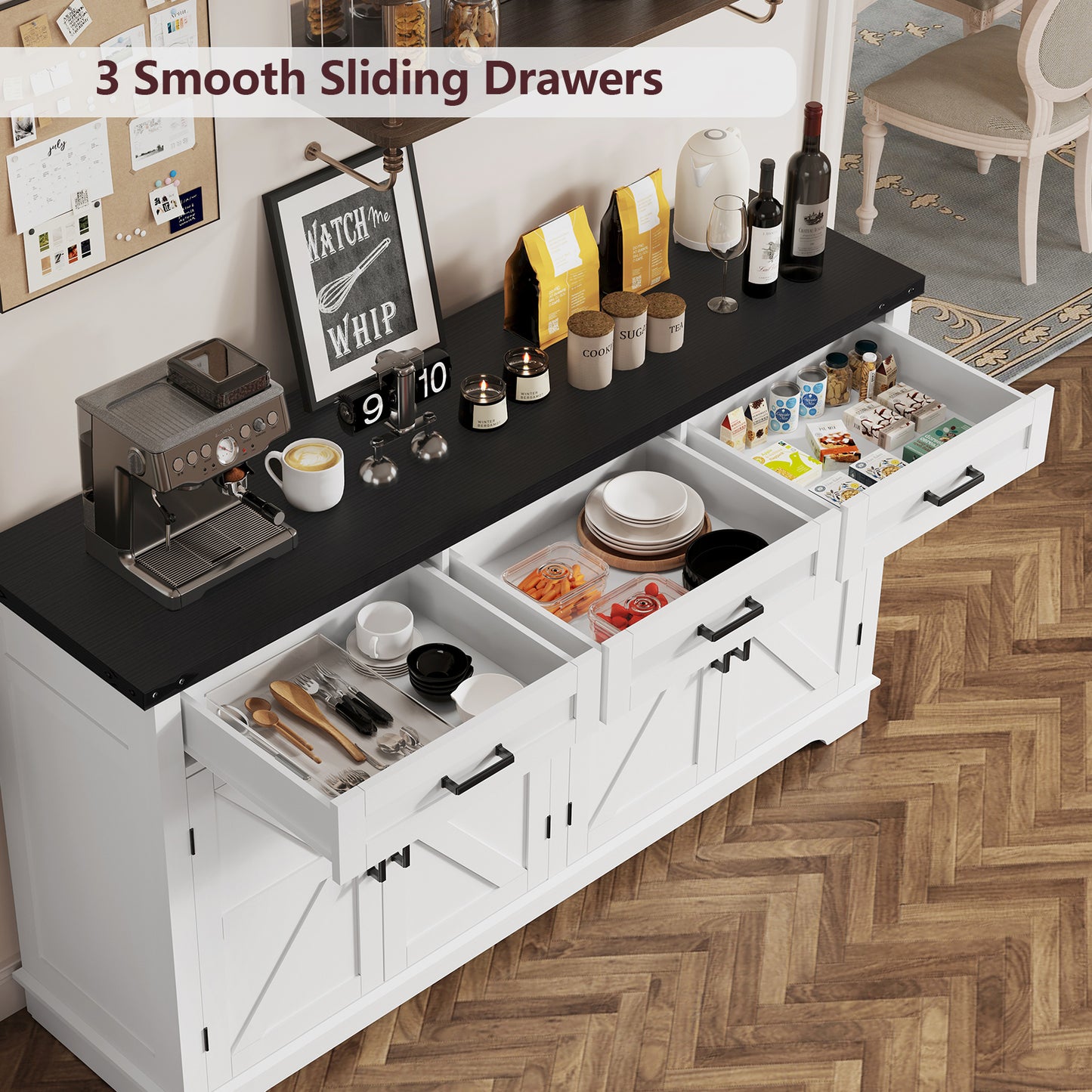 USIKEY 55" Buffet Cabinet With Storage, Large Sideboard Buffet Storage Cabinet With 3 Drawers, Farmhouse Coffee Bar Cabinet, For Kitchen, Living Room