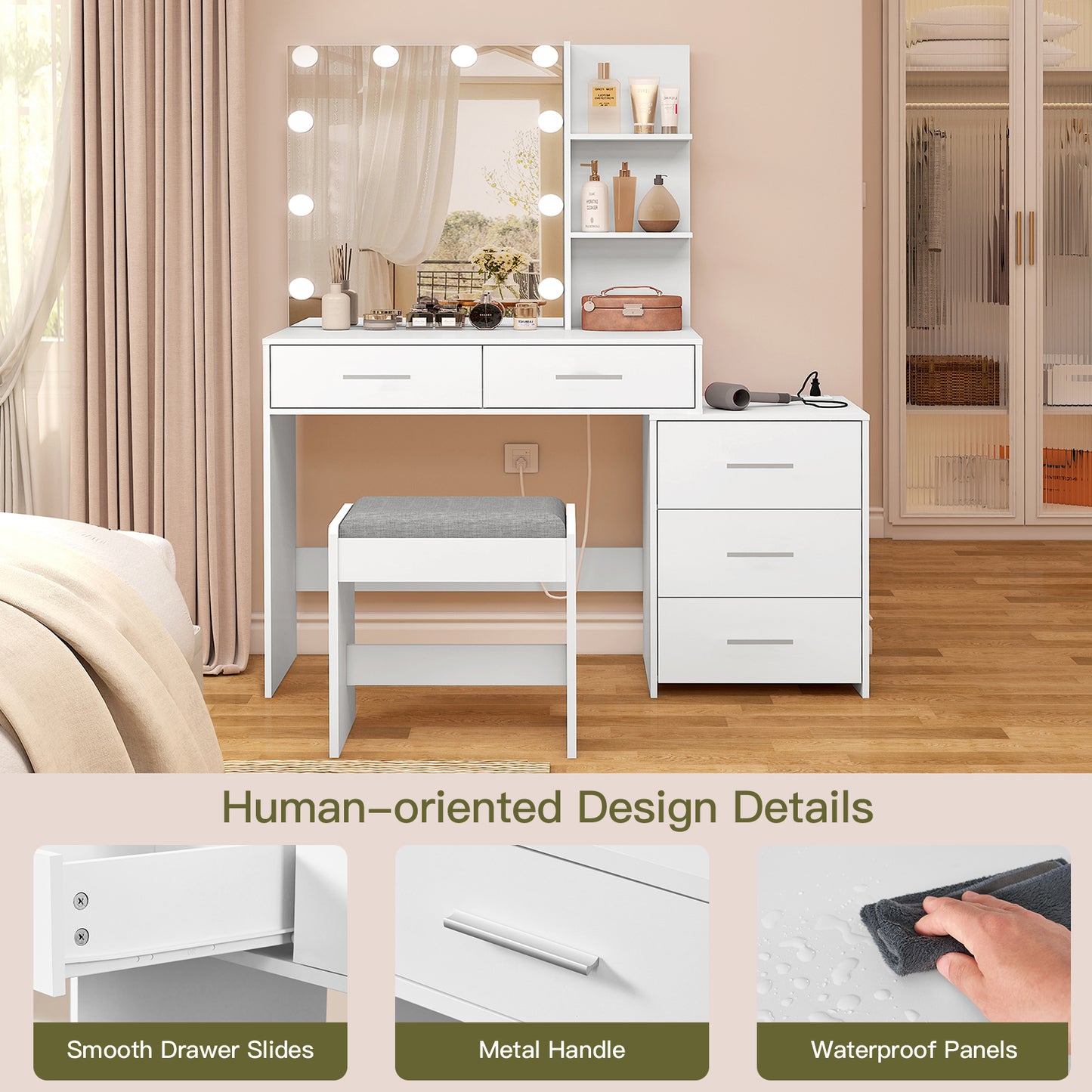USIKEY Large Vanity Desk with Mirror & 10 LED Lights, Makeup Vanity Dressing Table with Power Strip, Storage Shelves & 5 Drawers