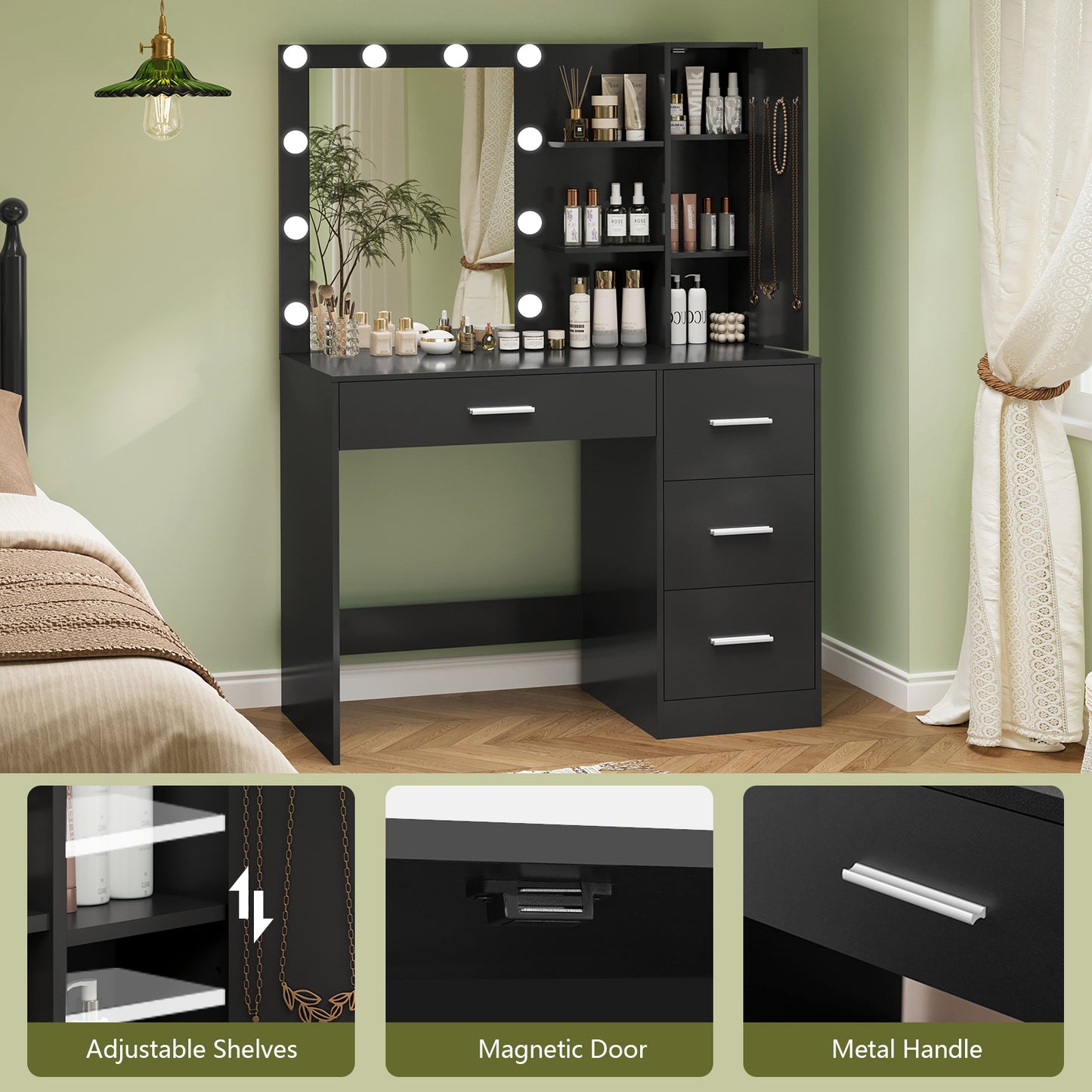USIKEY Makeup Vanity with Lights, Vanity Desk with Mirror and 10 LED Lights, Vanity Table with 4 Drawers, Cabinet & 4 Necklace Hooks for Bedroom
