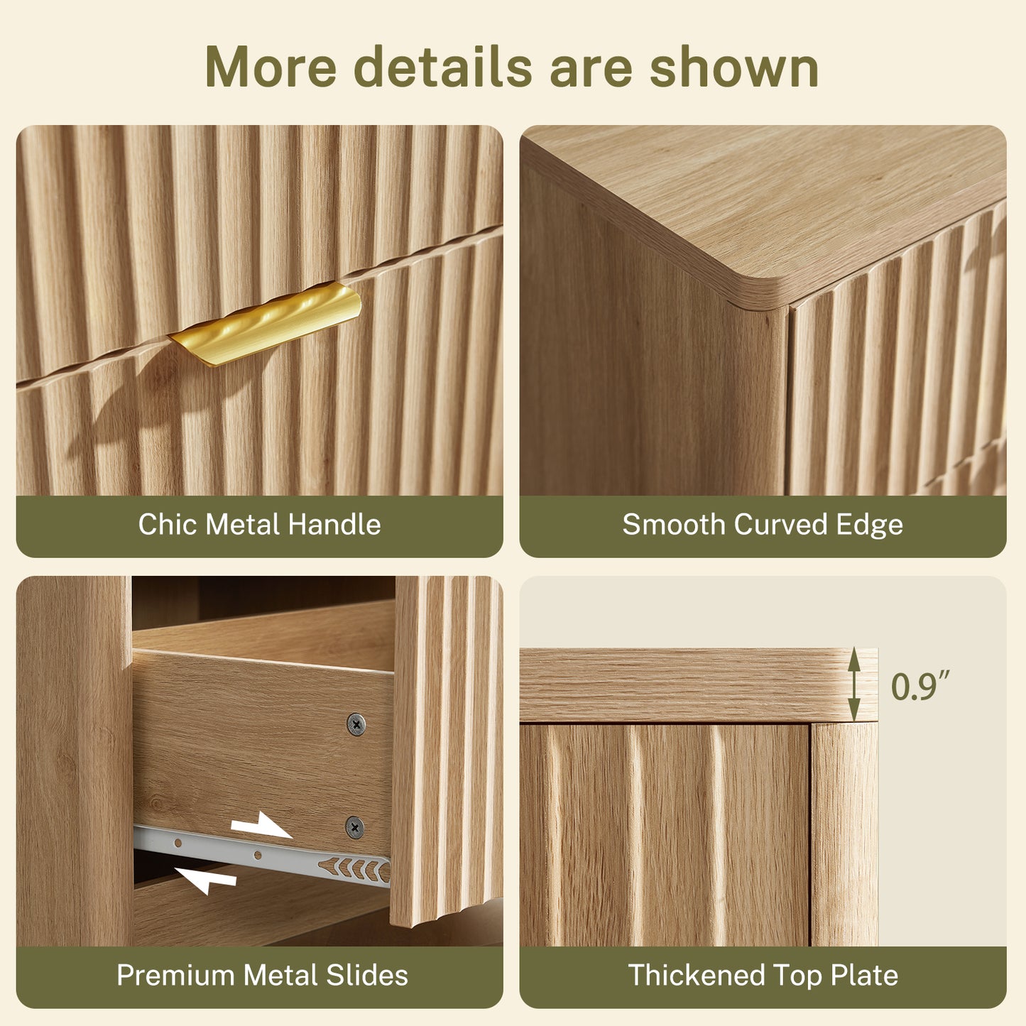 USIKEY 47.3''Wide Fluted 6 Drawer Dresser for Bedroom,  Modern Chest of Drawers, Wood Closet Clothes Organizer for Bedroom, Hallway, Natural