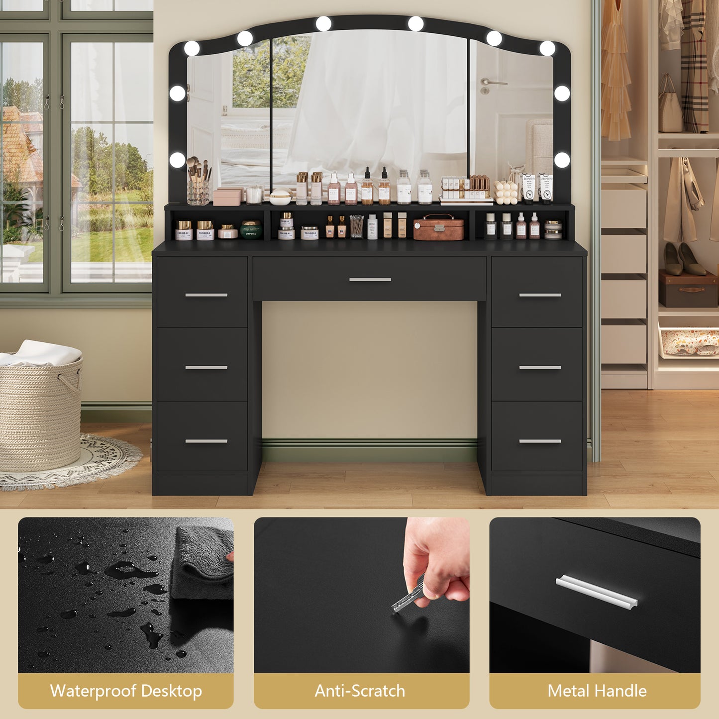 usikey 43.3" Vanity Desk with Large Lighted Mirror, Makeup Vanity Table with 7 Drawers & 10 Lights Bulbs, 3 Lighting Colors, Make Vanity Desk, Vanity Table for Women Girls