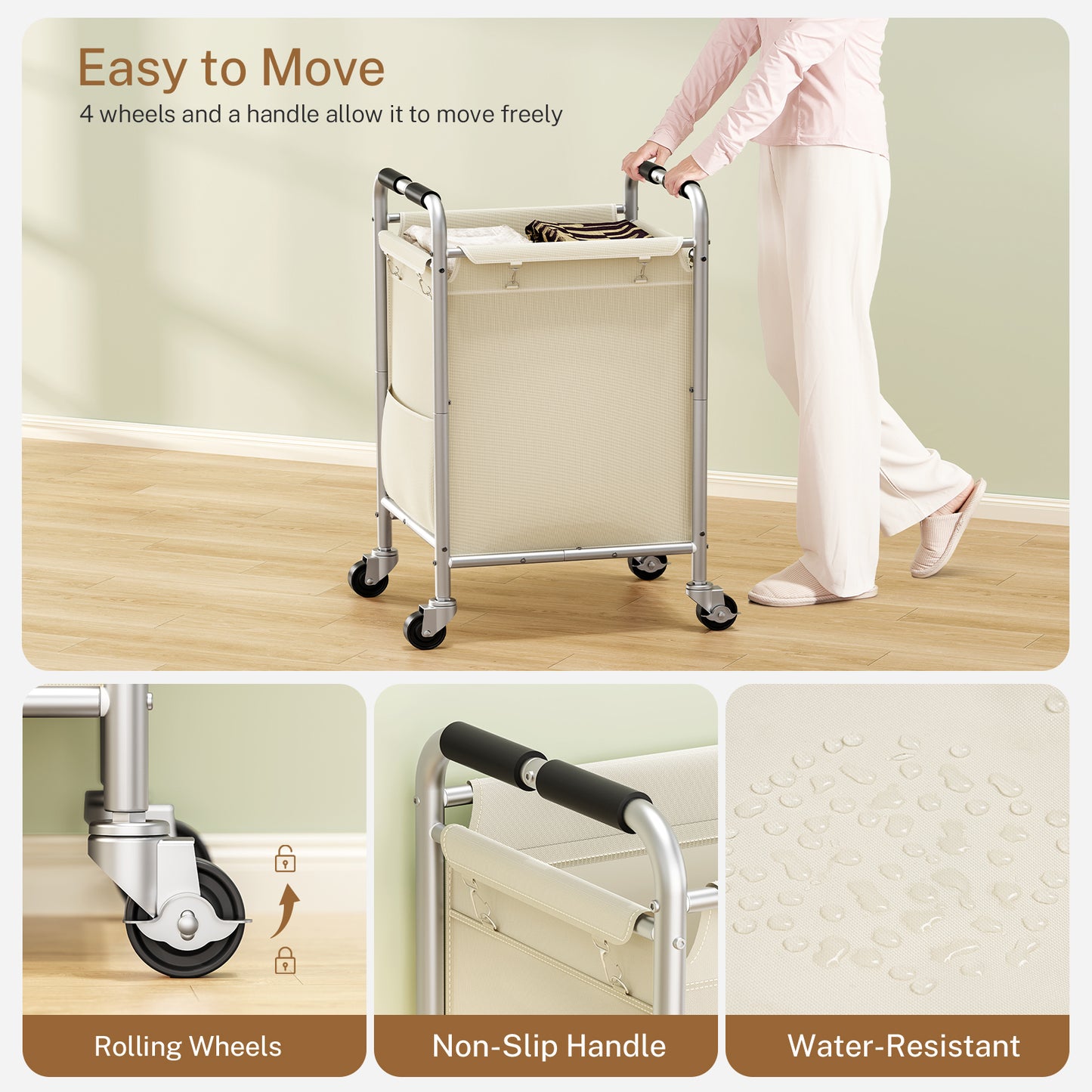 USIKEY Laundry Basket with Wheels, Rolling Laundry Sorter Cart with Side pockets,47.6GAL(180L) Rolling Laundry Hamper with Removable Bag, Beige