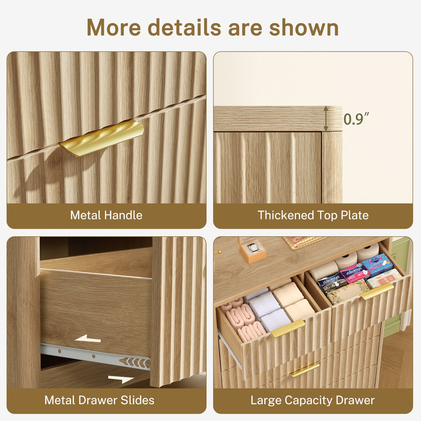 Usikey Fluted 6 Drawers Dresser for Bedroom, 48" H Modern Chest of Drawers with Metal Handle,  Wood Closet Organizer Wood Dressers for Living Room