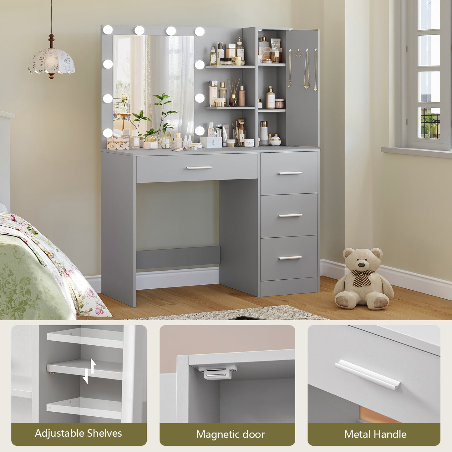 USIKEY Makeup Vanity with Lights, Vanity Desk with Mirror and 10 LED Lights, Vanity Table with 4 Drawers, Cabinet & 4 Necklace Hooks for Bedroom