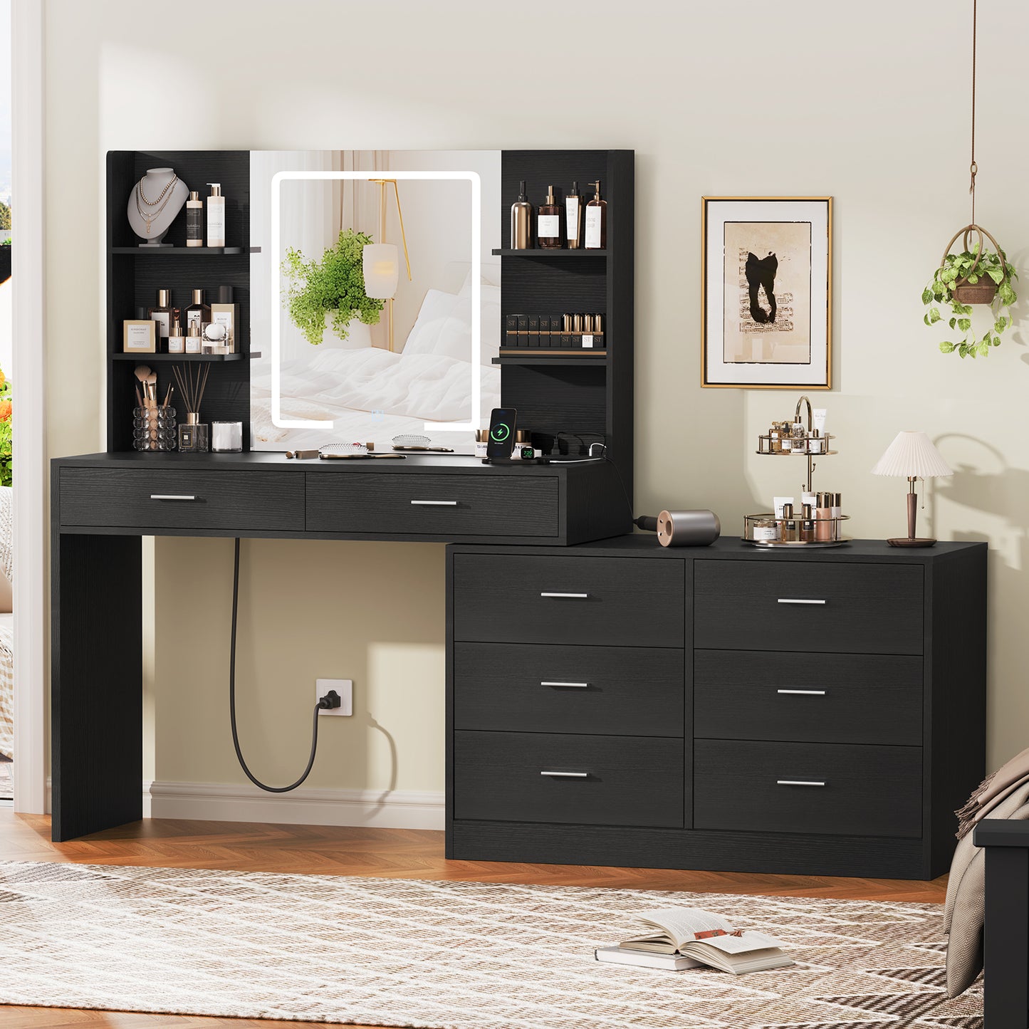 USIKEY Vanity Makeup Desk with LED Light Mirror & Power Outlet, 8 Drawers, Storage Shelves, & Adjustable Brightness Dressing Table, Corner Vanity Desk