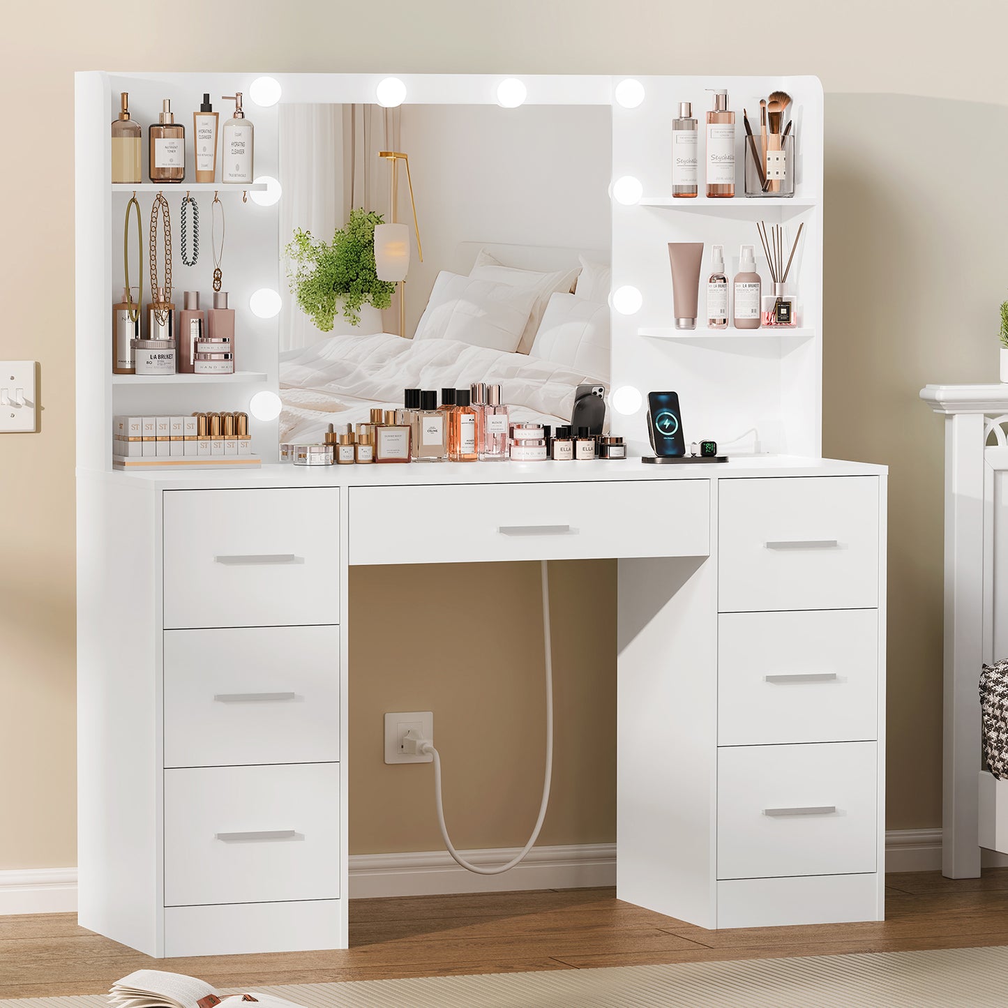 Large Vanity Desk with LED Lighted Mirror & Power Outlet,Makeup Vanity Table with 7 Drawers,4 Shelves and 5 Hooks,Vanity Table, Vanity Desk Set for Bedroom,Bathroom,White