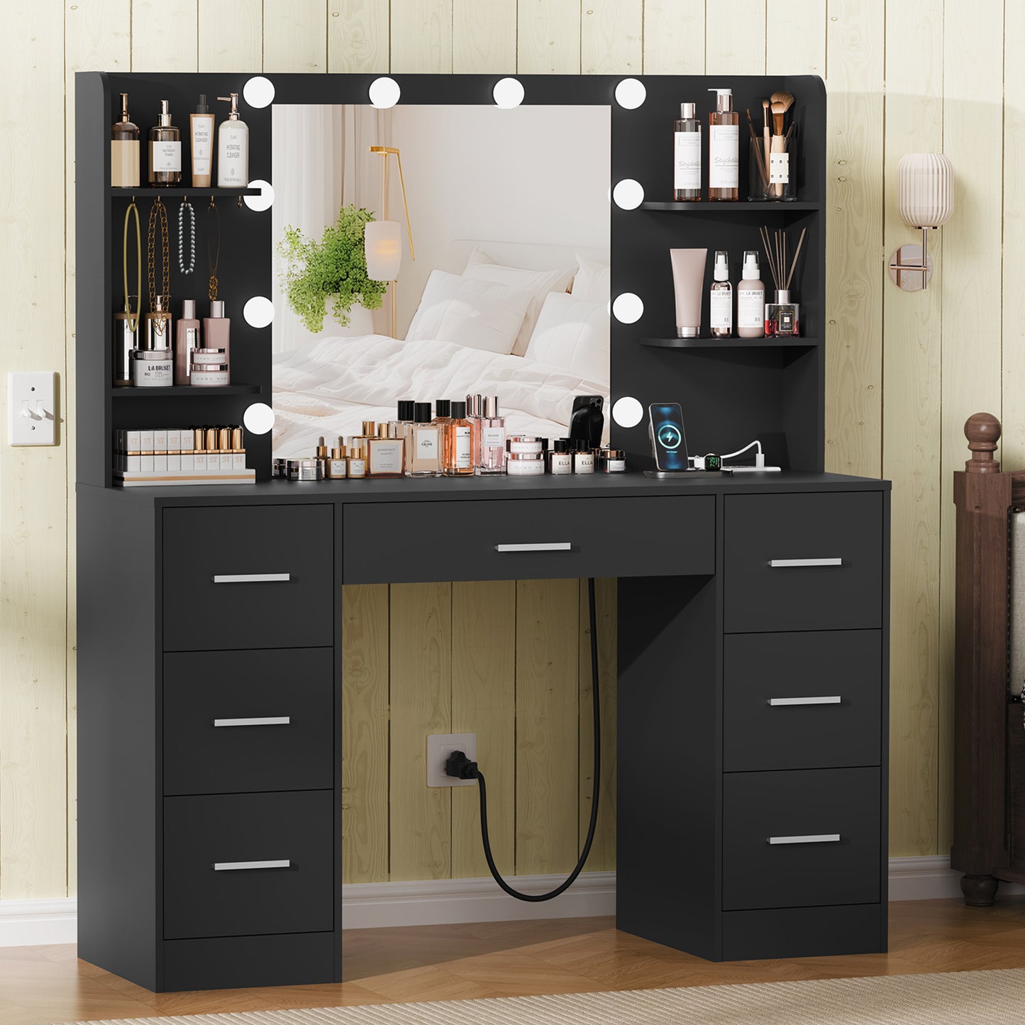 Large Vanity Desk with LED Lighted Mirror & Power Outlet,Makeup Vanity Table with 7 Drawers,4 Shelves and 5 Hooks,Vanity Table, Vanity Desk Set for Bedroom,Bathroom,White