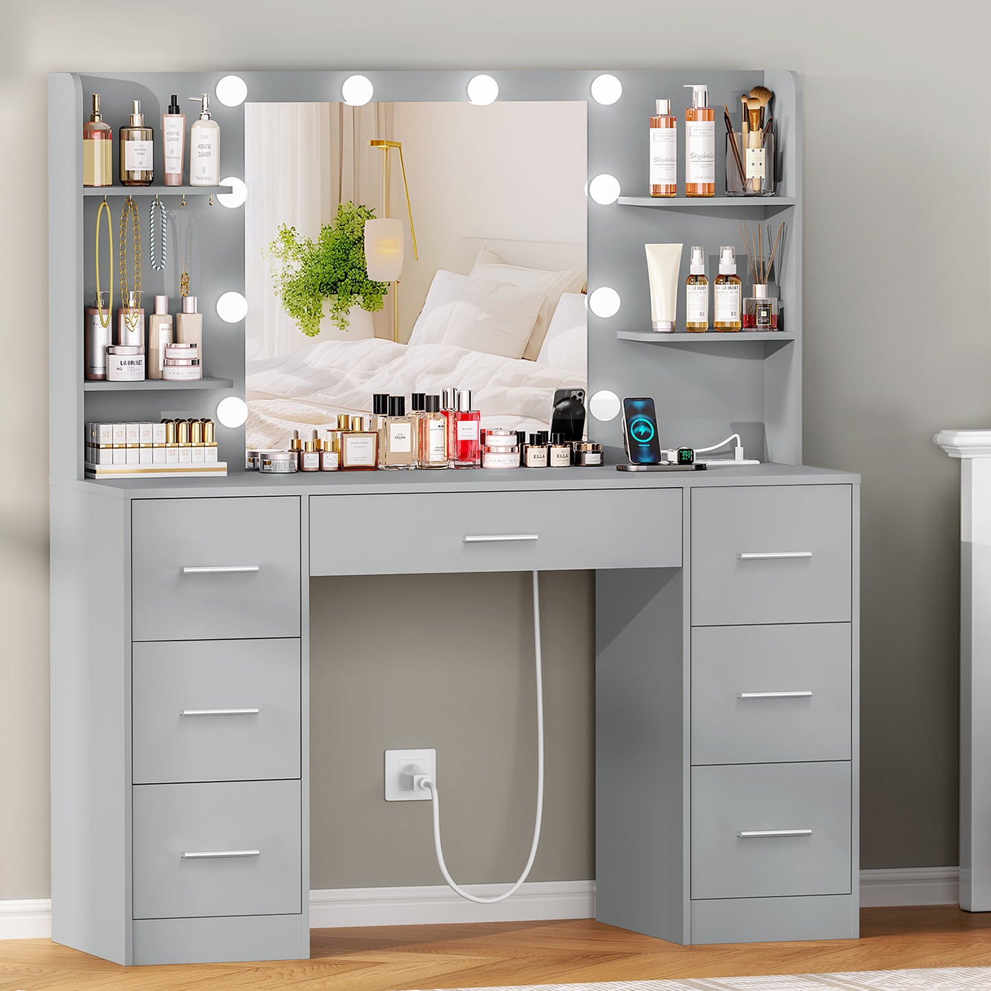 Large Vanity Desk with LED Lighted Mirror & Power Outlet,Makeup Vanity Table with 7 Drawers,4 Shelves and 5 Hooks,Vanity Table, Vanity Desk Set for Bedroom,Bathroom,White