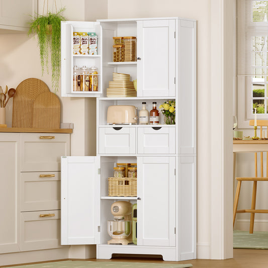 Usikey Kitchen Pantry Cabinet with Adjustable Shelf, Tall Storage Cabinet with 2 Drawers & 4 Door Shelves, Pantry Cabinets for Dining Room, White