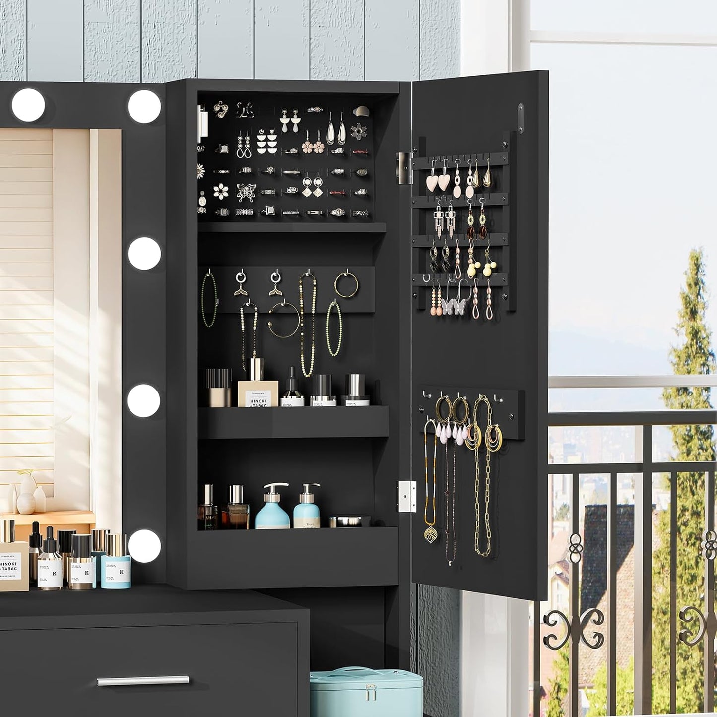 usikey Makeup Vanity with Mirror & 10 Lights, Vanity Desk with Jewelry Cabinet, Vanity Table with 3 Drawers & 1 Door Cabinet, 3 Color Modes & Adjustable Brightness Dressing Table, Bedroom