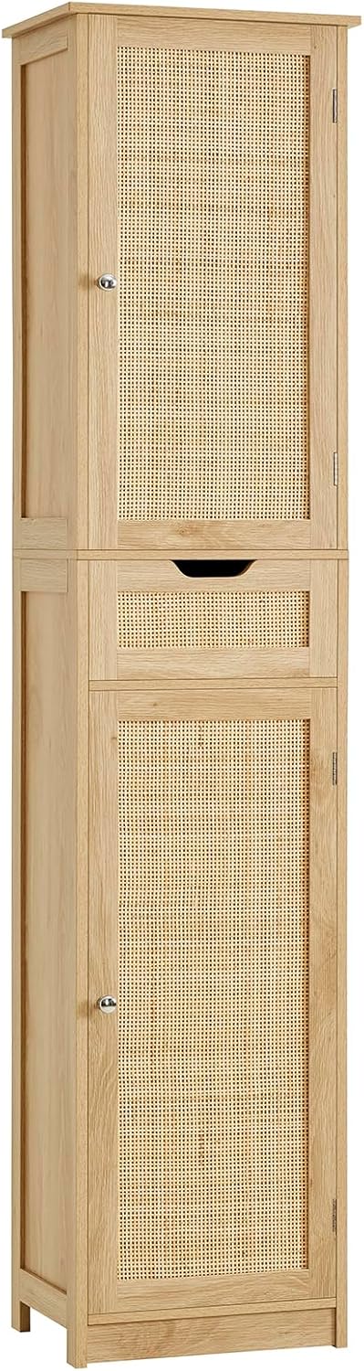 usikey Tall Bathroom Cabinet with Doors, Rattan Storage Cabinet with Adjustable Shelves, Freestanding Narrow Linen Cabinet for Living Room, Entryway, Kitchen, Home Office, Natural