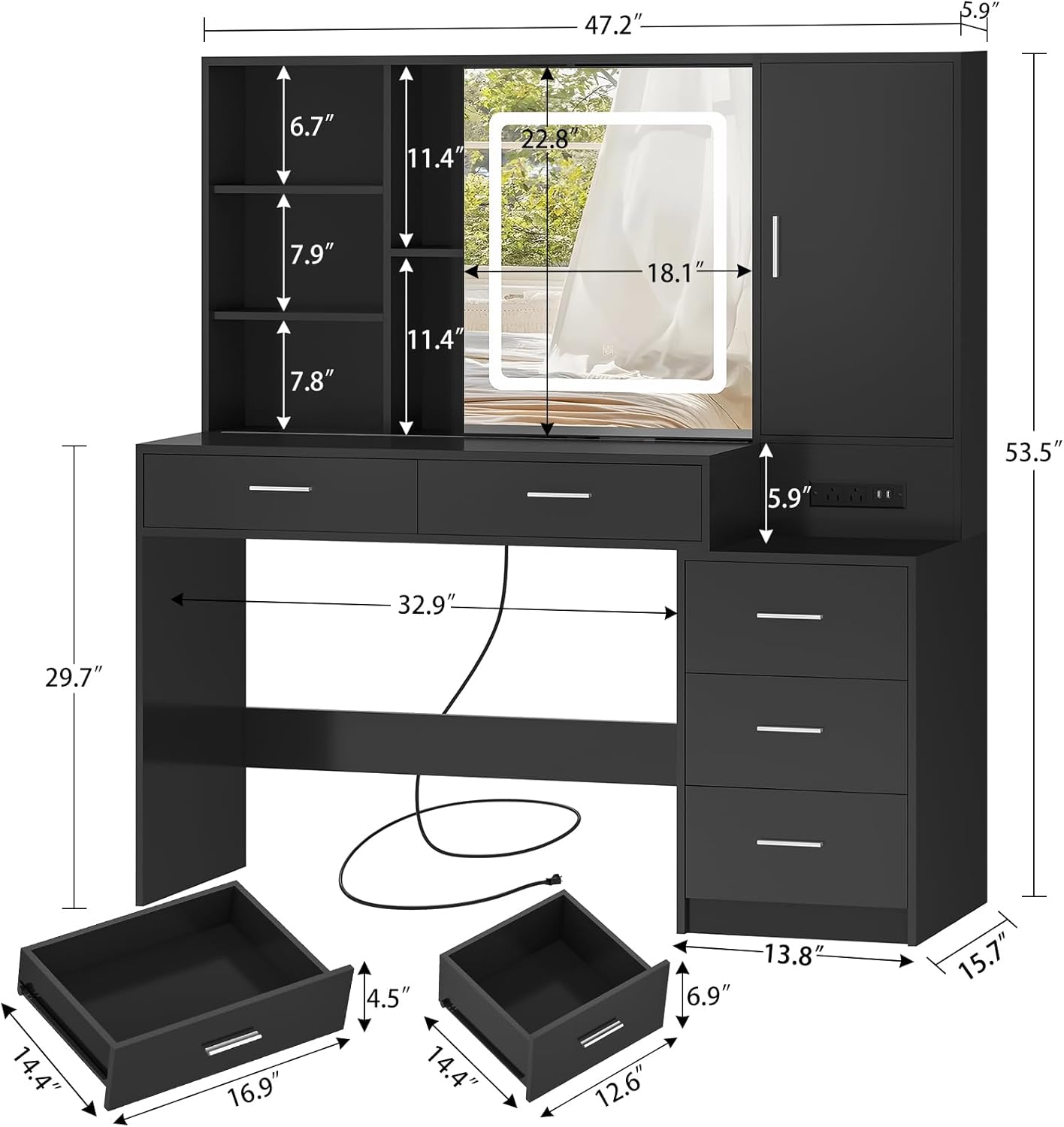 Vanity Desk with Lighted Mirror and Power Outlet, Makeup Vanity Desk with 5 Drawers and Cabinet, Hidden and Open Shelves, Black Vanity Table Set with 3 Color Lighting