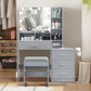 usikey Large Vanity Table Set with Lighted Mirror & Charging Station, Makeup Vanity Dressing Table with 4 Storage Shelves and 4 Drawers, Vanity Desk with 3-Drawer Chest and Cushioned Stool, Grey