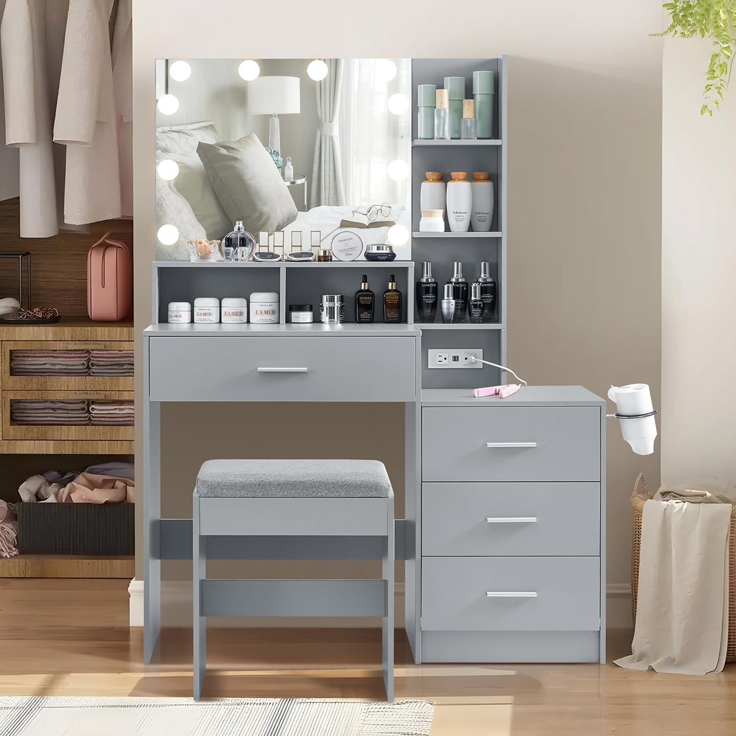 usikey Large Vanity Table Set with Lighted Mirror & Charging Station, Makeup Vanity Dressing Table with 4 Storage Shelves and 4 Drawers, Vanity Desk with 3-Drawer Chest and Cushioned Stool, Grey