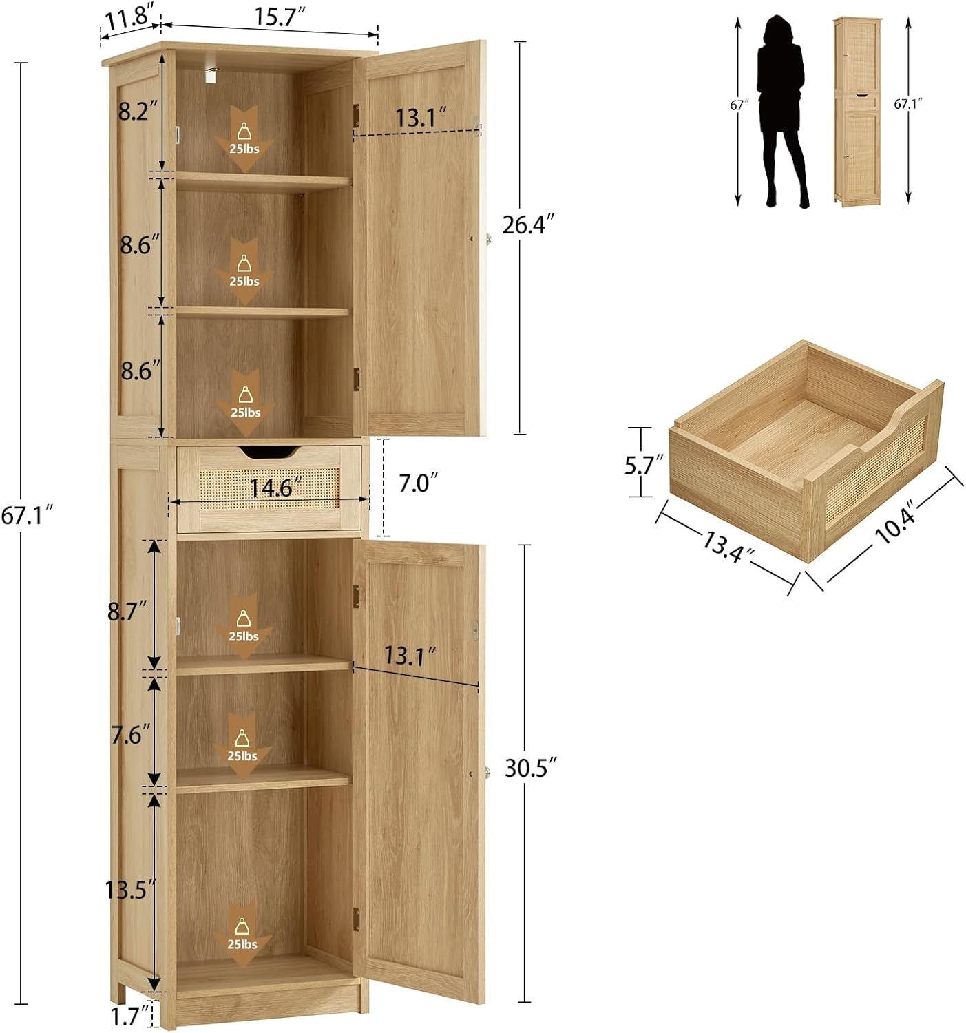 usikey Tall Bathroom Cabinet with Doors, Rattan Storage Cabinet with Adjustable Shelves, Freestanding Narrow Linen Cabinet for Living Room, Entryway, Kitchen, Home Office, Natural