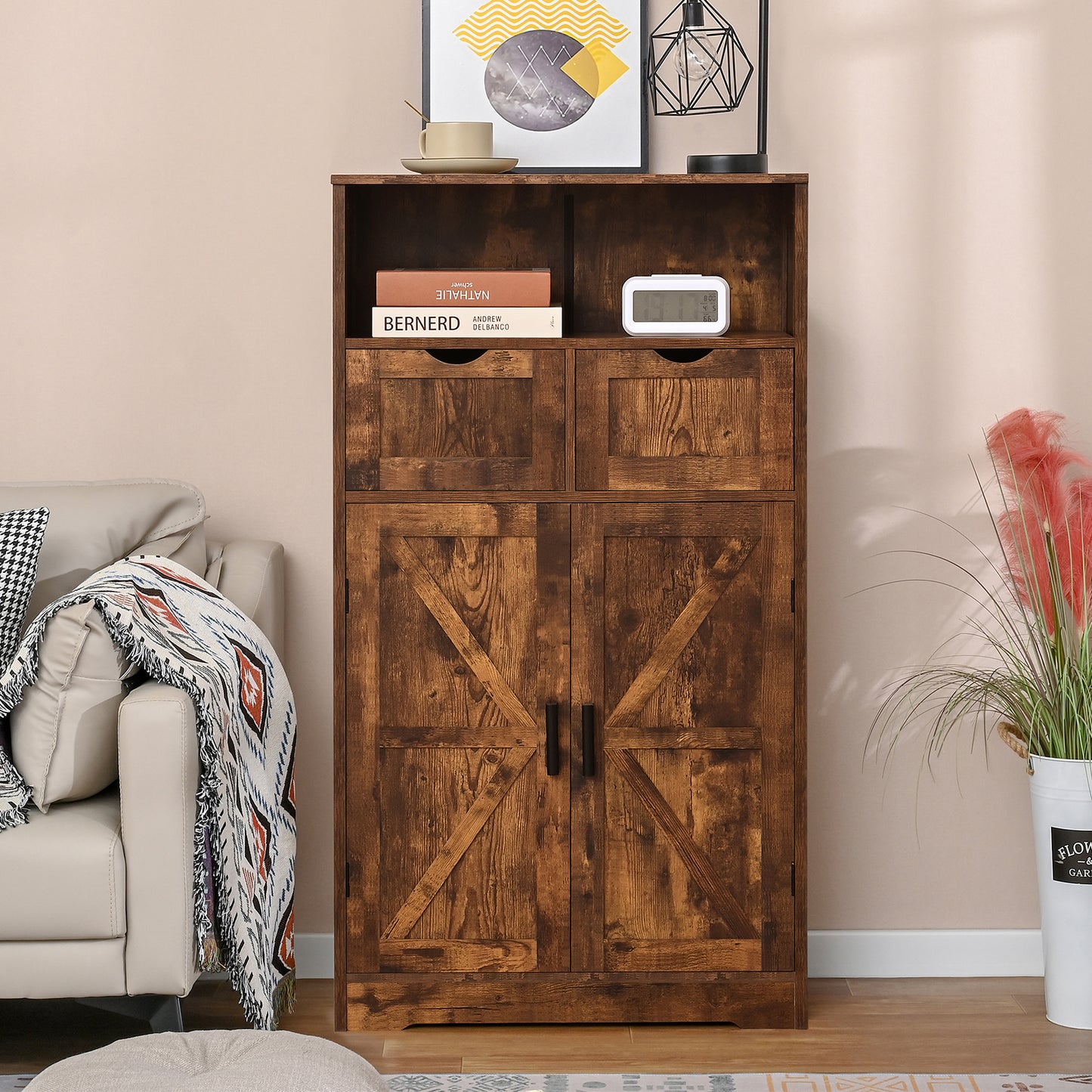 Bathroom Cabinet, Storage Cabinet with 2 Adjustable Drawers & 2 Barn Doors, Standing Cupboard with 2 Shelf, Floor Cabinet for Living Room, Home Office, Kitchen