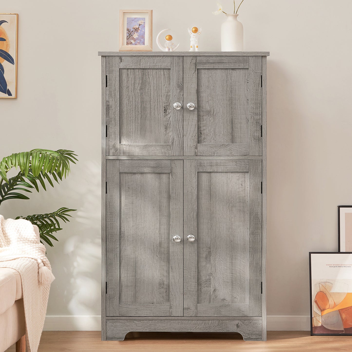 USIKEY Storage Cabinet, Bathroom Cabinet with 4 Doors & Adjustable Shelf, Bathroom Floor Cabinet for Living Room, Entryway, Home Office