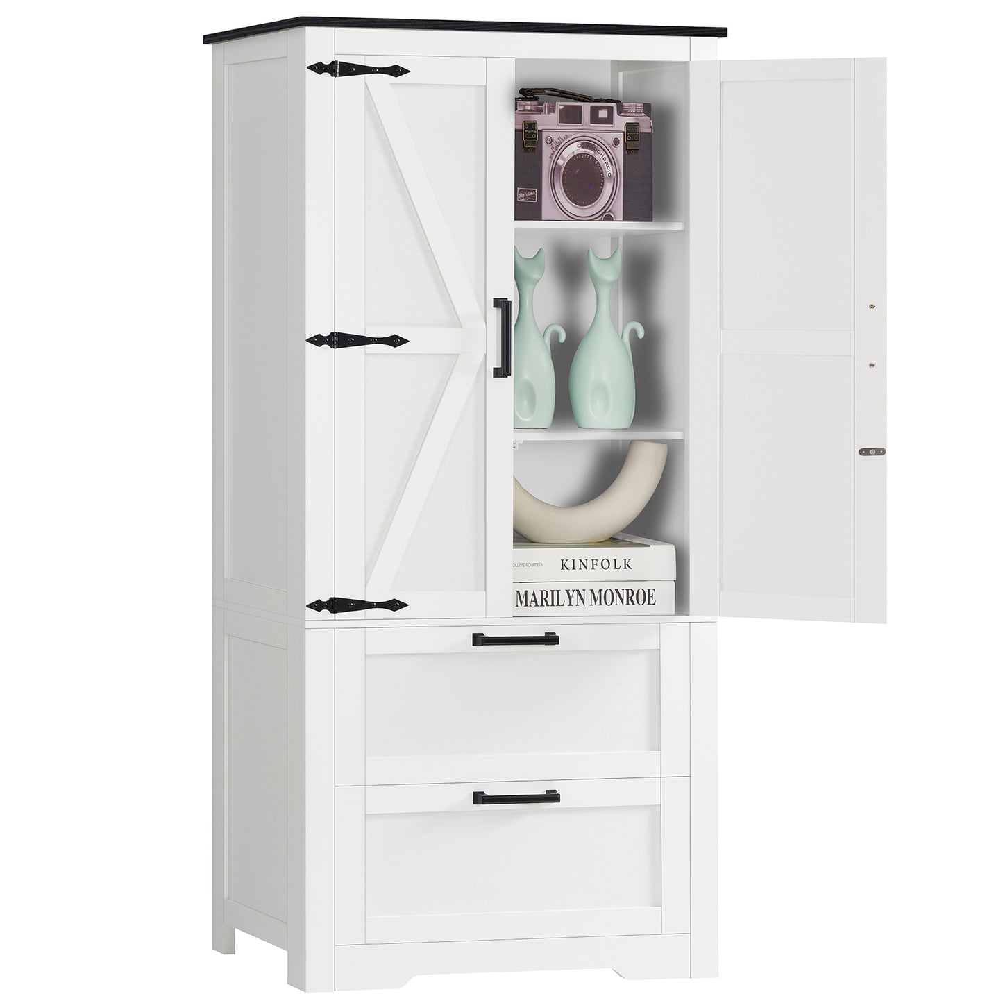 USIKEY 50.4" H Farmhouse Storage Cabinet, Bathroom Storage Cabinet with with 2 Doors & Drawers and Adjustable Shelf, for Bathroom, Living Room, White
