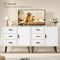 USIKEY Storage Cabinet with Rattan Door & 3 Drawers, Entryway Cabinet with Adjustable Shelf, Accent Cabinet for Living Room