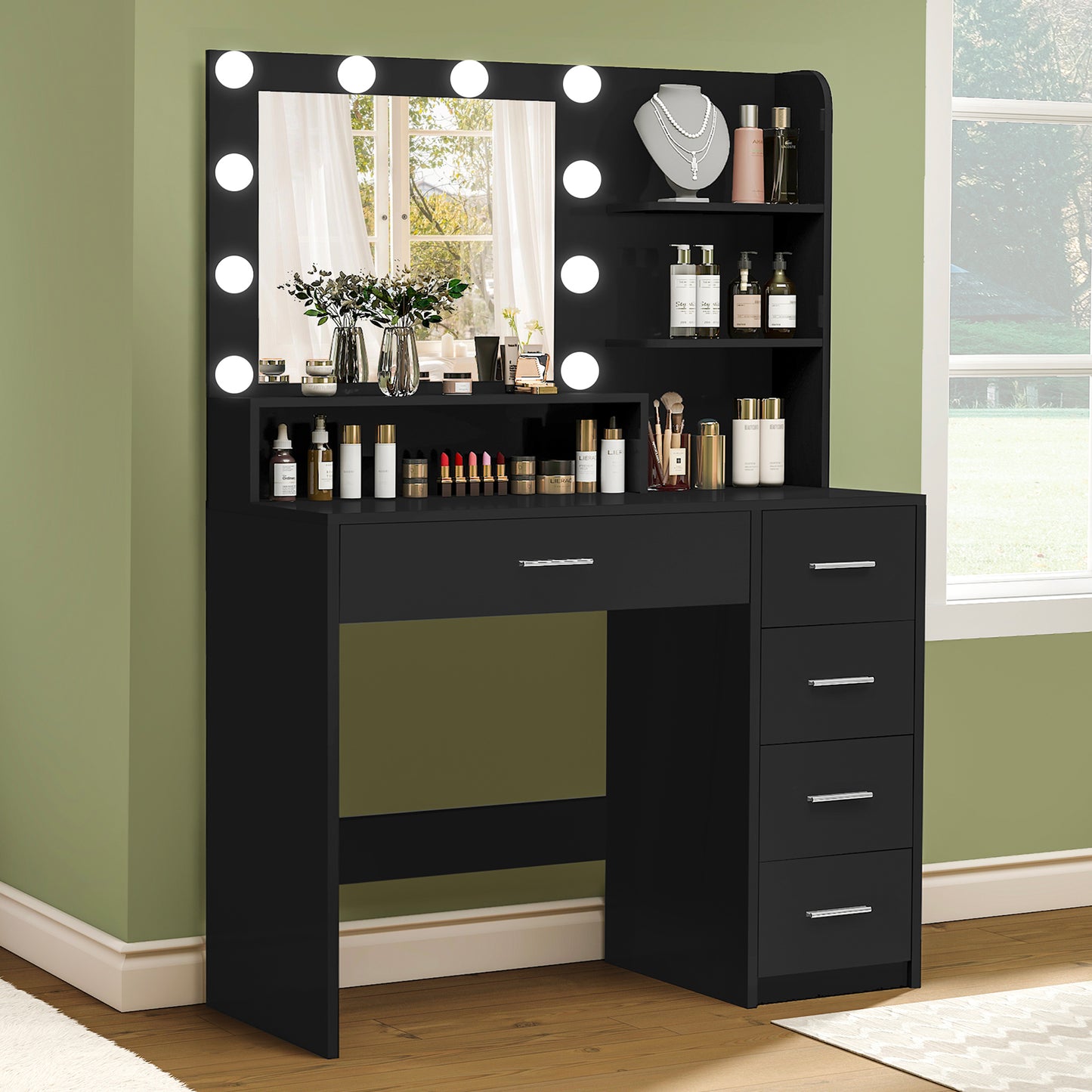 Makeup Vanity Desk with Mirror & Lights, Vanity Desk with 5 Drawers & Storage Shelves, Vanity Table, 3 Color Modes & Adjustable Brightness Dressing Table, Bedroom