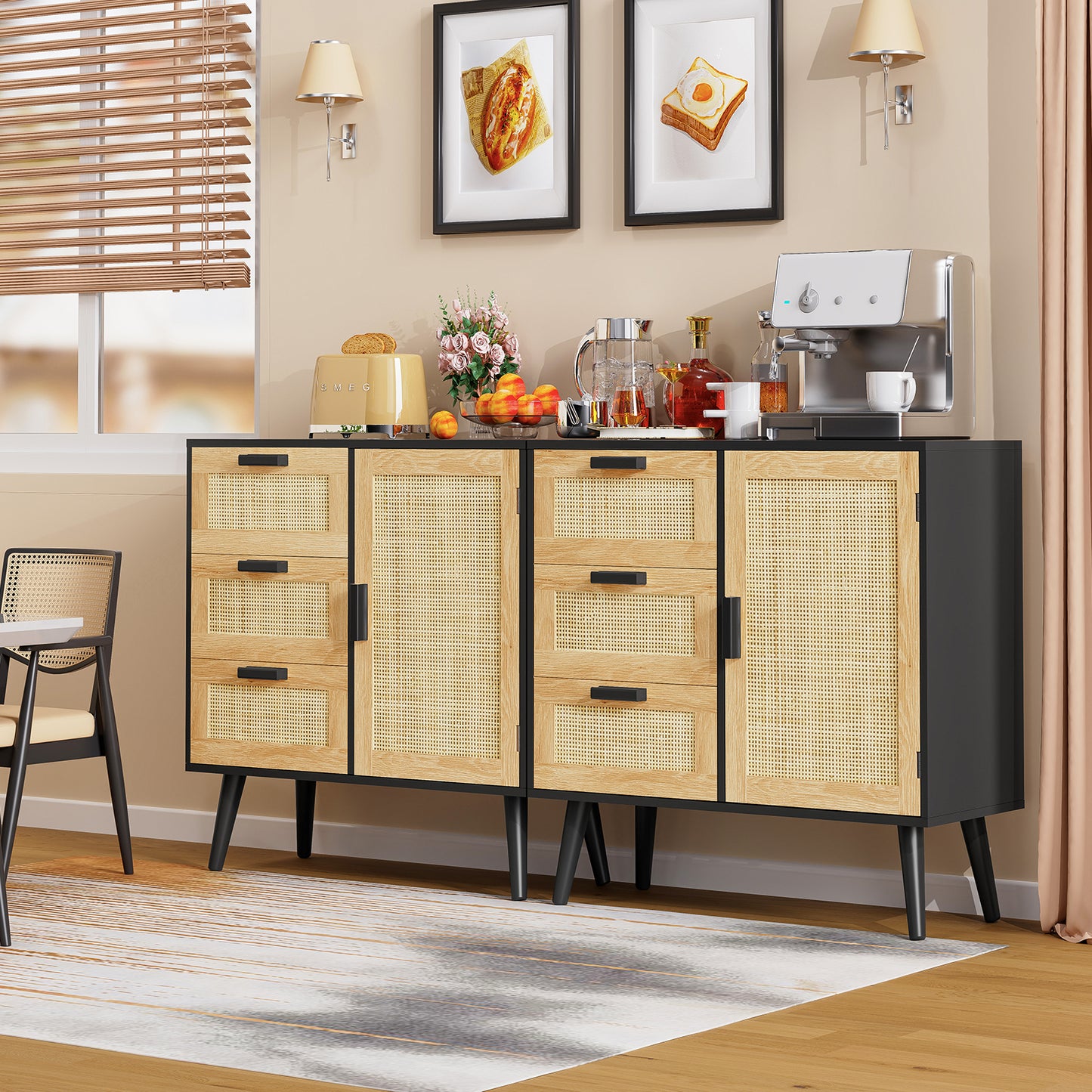 Storage Cabinet with 3 Drawers, Rattan Cabinet with Adjustable Shelf, Accent Cabinet for Living Room, Entryway