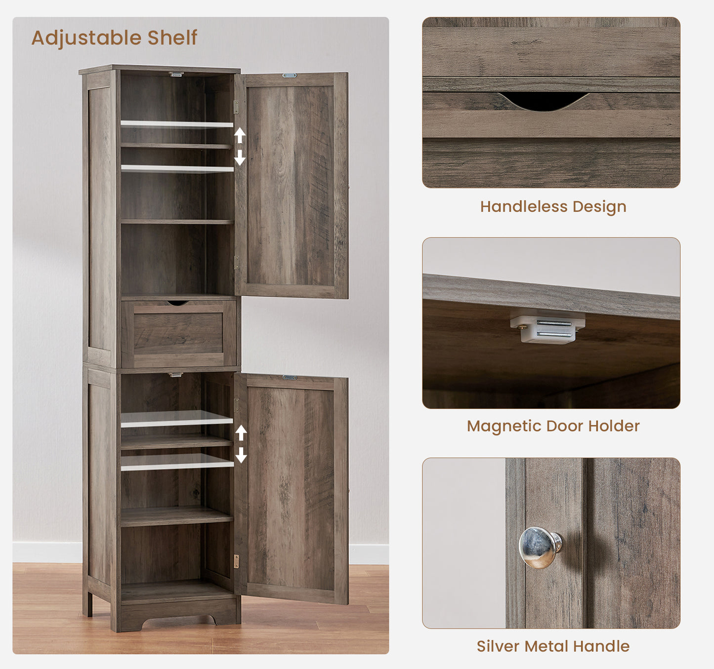 usikey Tall Bathroom Cabinet with Doors, Rattan Storage Cabinet with Adjustable Shelves, Freestanding Narrow Linen Cabinet for Living Room, Entryway, Kitchen, Home Office, Natural