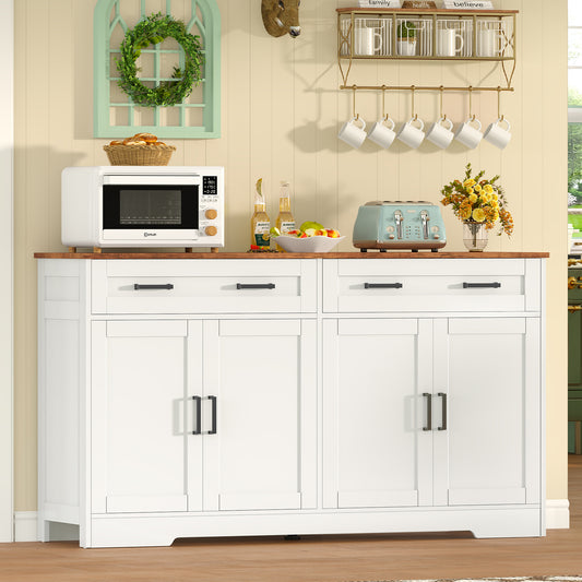 USIKEY 55" Large Sideboard Buffet Cabinet with 4 Doors  and 2 Drawers, Modern Coffee Bar with Adjustable Shelves for Kitchen, Dining Room, White