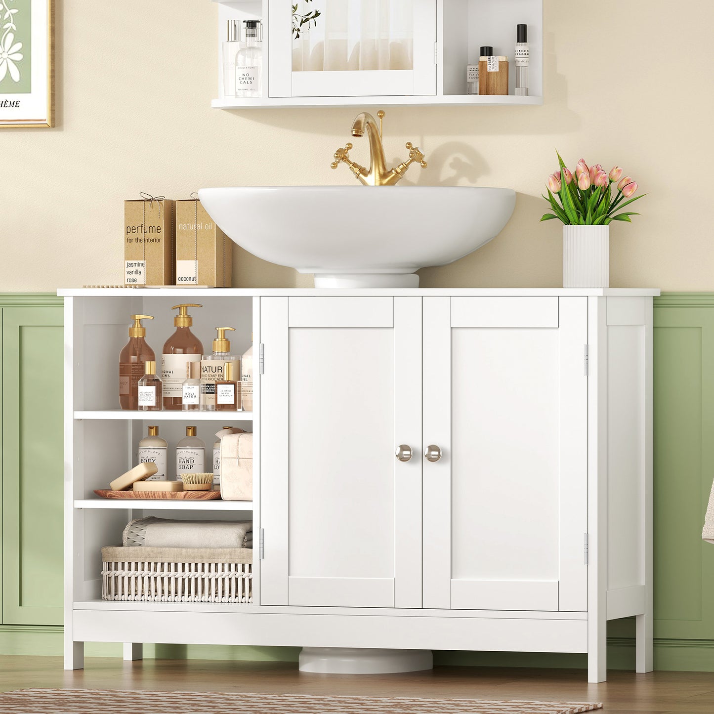 USIKEY Pedestal Sink Storage Cabinet with 2 Doors and 3 Open Shelves, Under Sink Cabinet, Bathroom Sink Cabinet with U-Shape, White