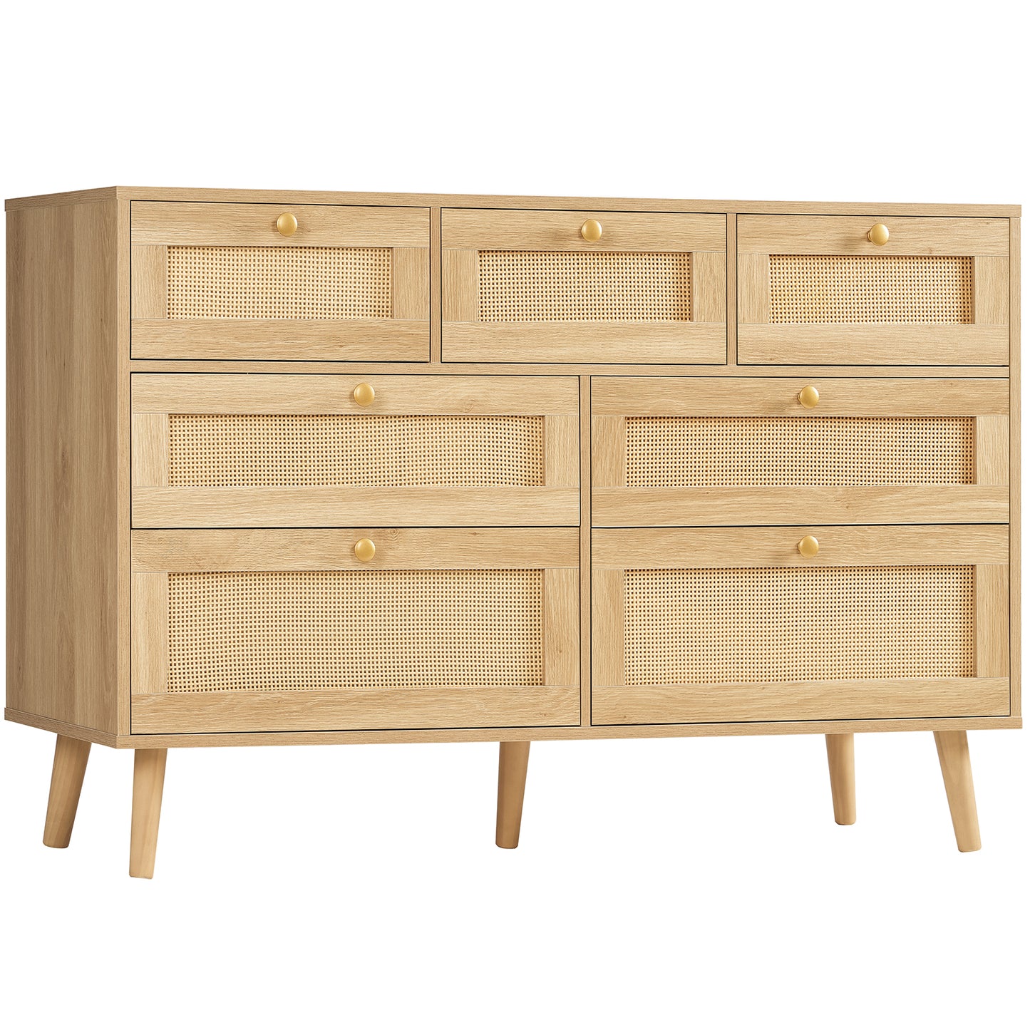 47.2''Wide 7 Drawer Dresser for Bedroom, Rattan Dresser Chest of Drawers, Modern Wood Dresser Chest for Bedroom, Living Room, Entryway, Natural