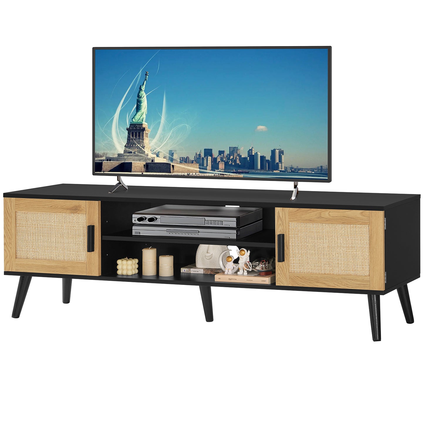 Rattan TV Stand for 70 inch TV, Entertainment Center with Adjustable Shelf & 2 Cabinets, TV Stands for Living Room, Bedroom, Natural + Black