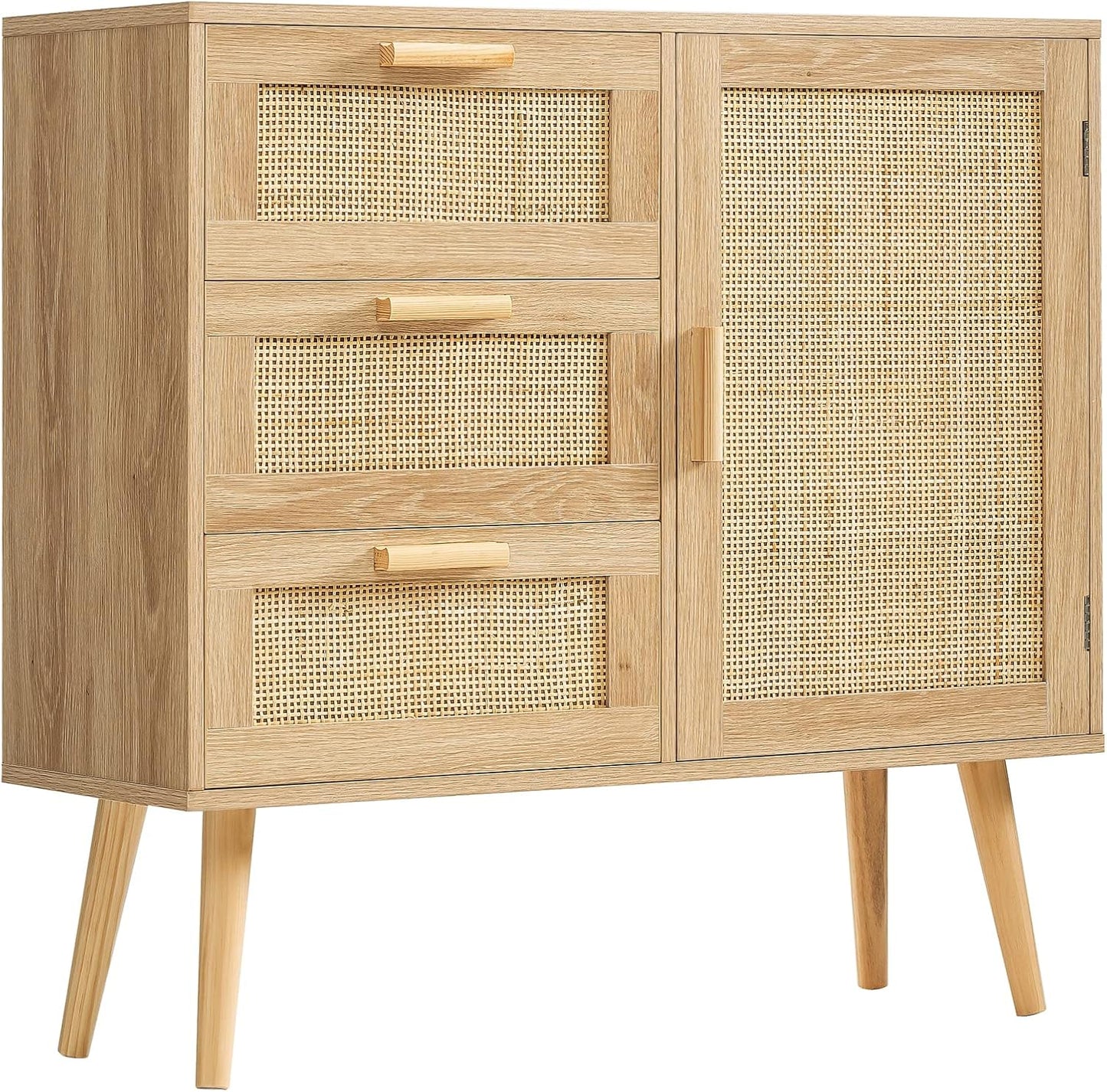 Storage Cabinet with 3 Drawers, Rattan Cabinet with Adjustable Shelf, Accent Cabinet for Living Room, Entryway