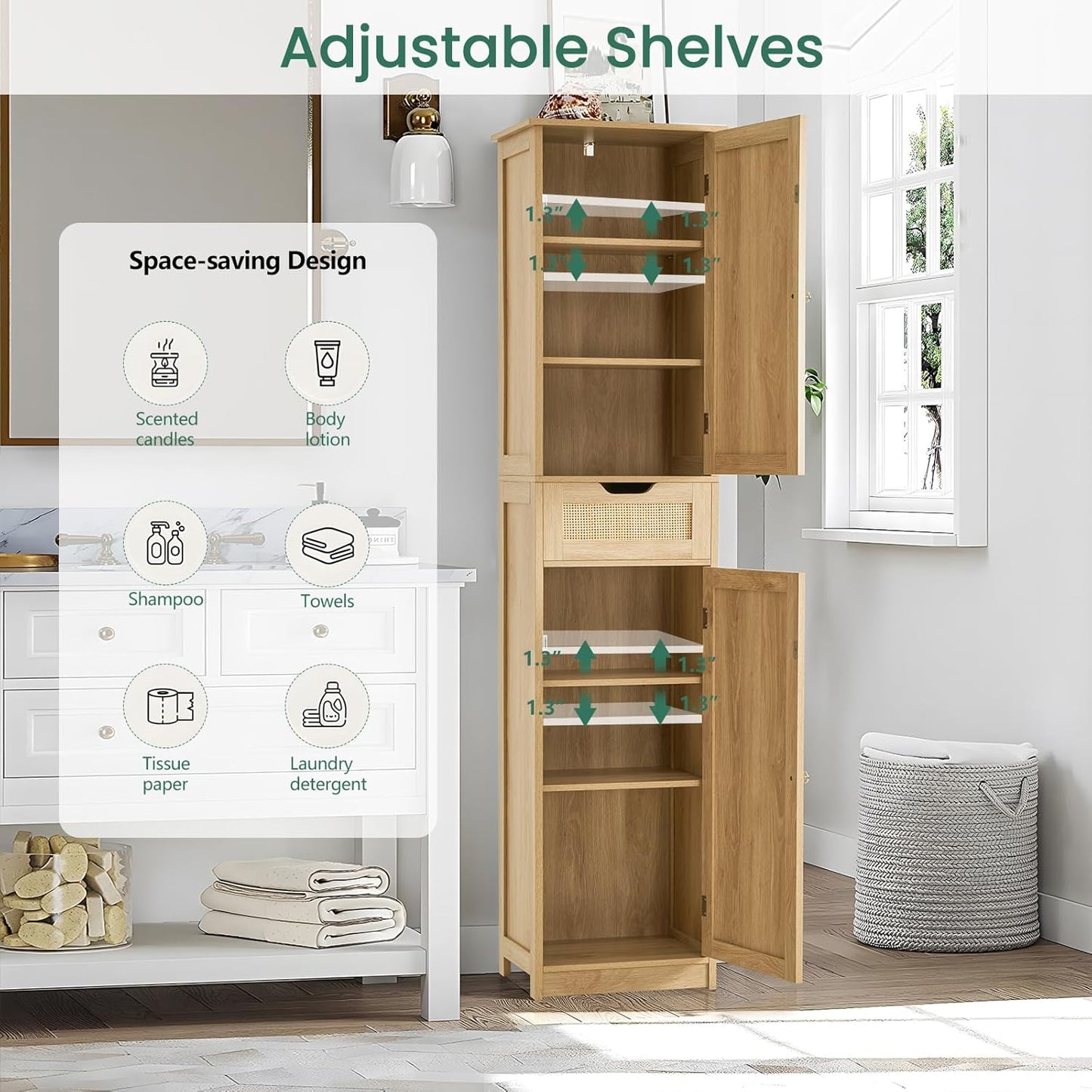 usikey Tall Bathroom Cabinet with Doors, Rattan Storage Cabinet with Adjustable Shelves, Freestanding Narrow Linen Cabinet for Living Room, Entryway, Kitchen, Home Office, Natural