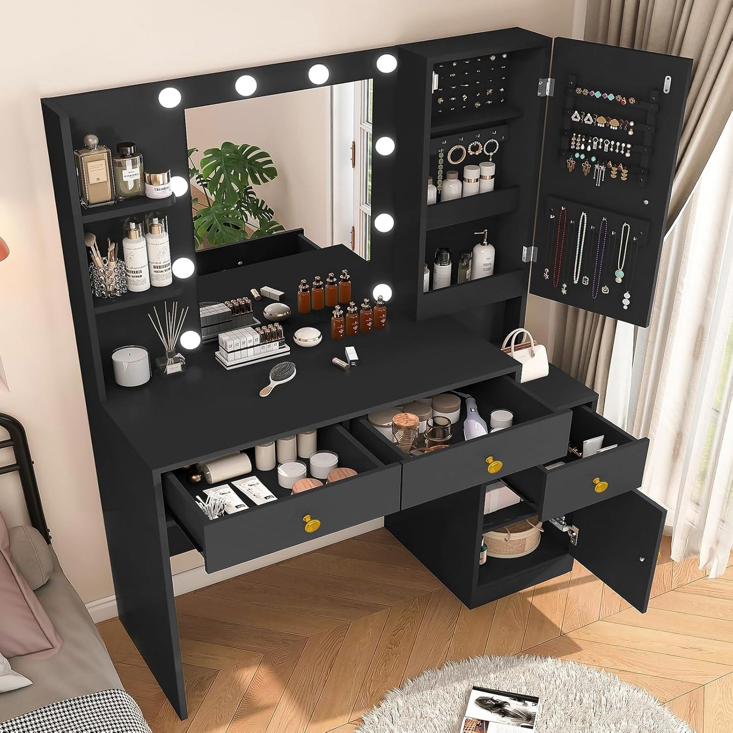 Makeup Vanity Desk with Mirror and Lights, Vanity Desk with Jewelry Cabinet, Makeup Vanity Table with 2 Shelves & 2 Cabinets & 3 Drawers, Women, Girls, for Bedroom