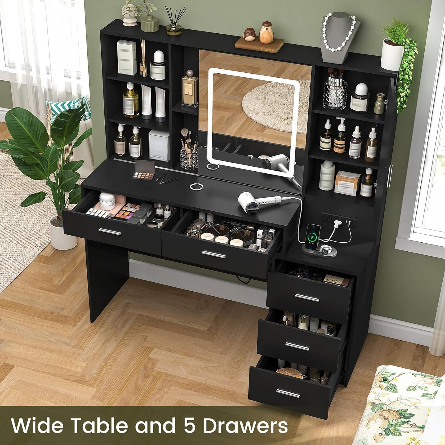 Vanity Desk with Lighted Mirror and Power Outlet, Makeup Vanity Desk with 5 Drawers and Cabinet, Hidden and Open Shelves, Black Vanity Table Set with 3 Color Lighting