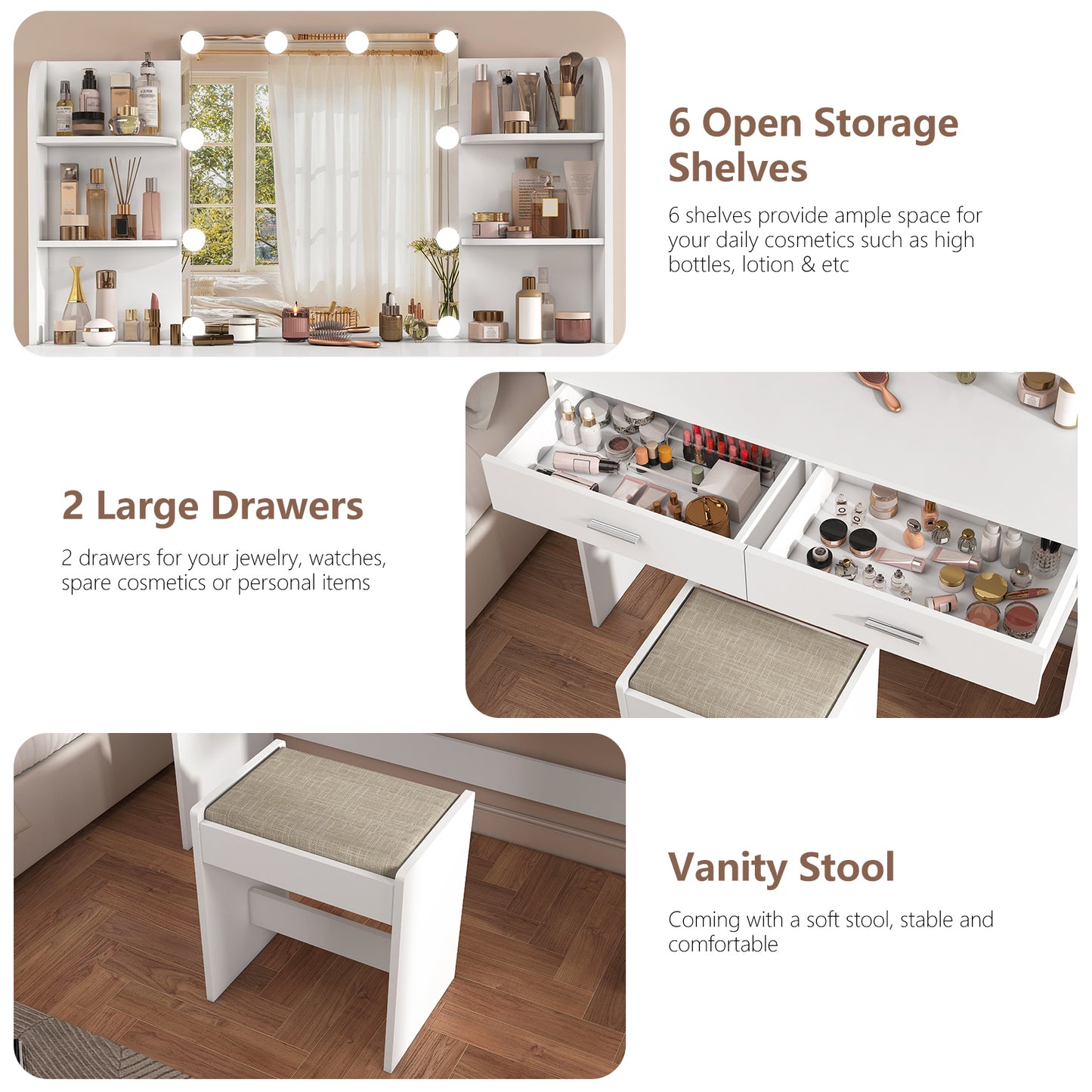 USIKEY Large Vanity Set with 10 Light Bulbs