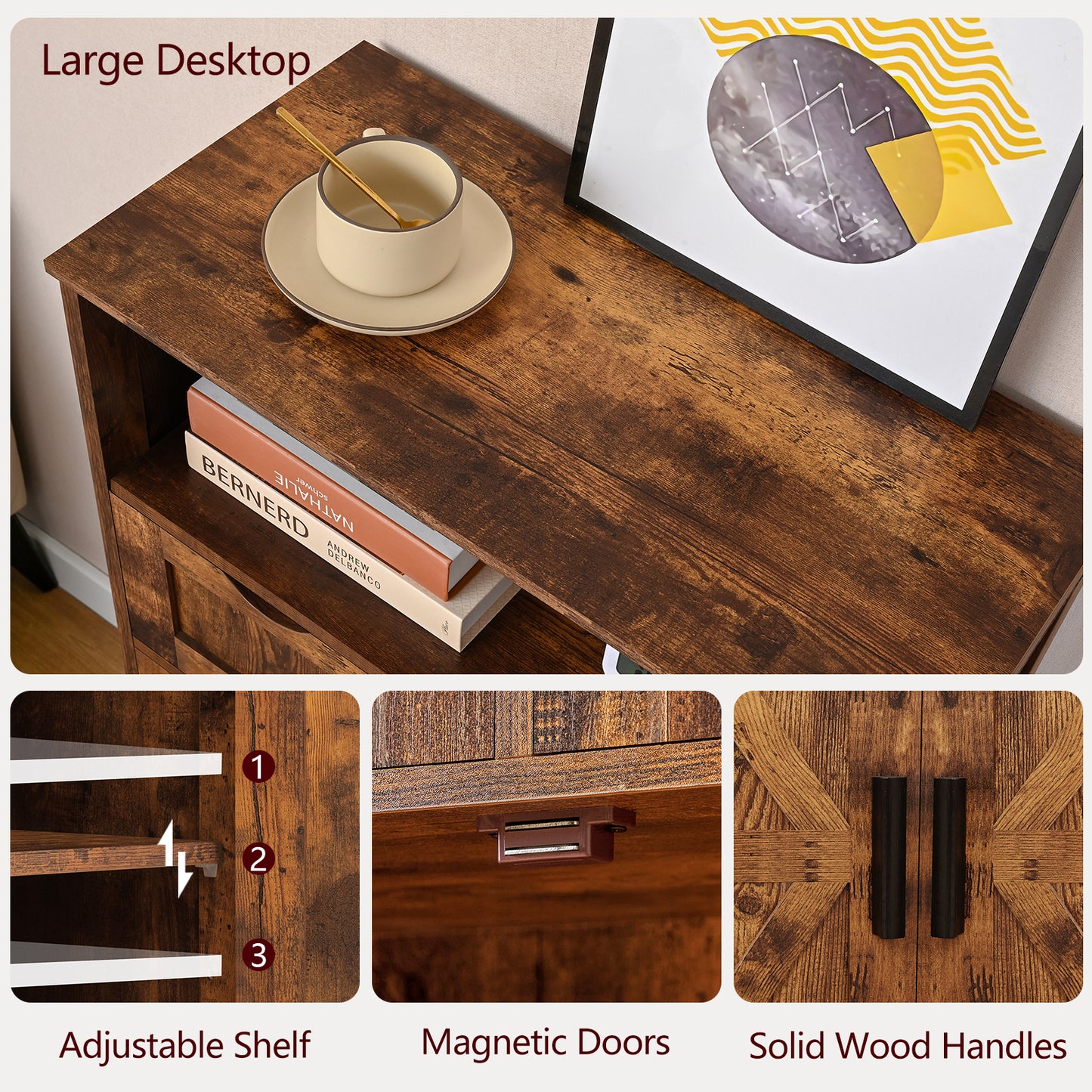 USIKEY Farmhouse Storage Cabinets, Kitchen Storage Cabinet with 2 Adjustable Drawers & Shelf, Floor Cabinet, for Living Room, Home Office, Kitchen