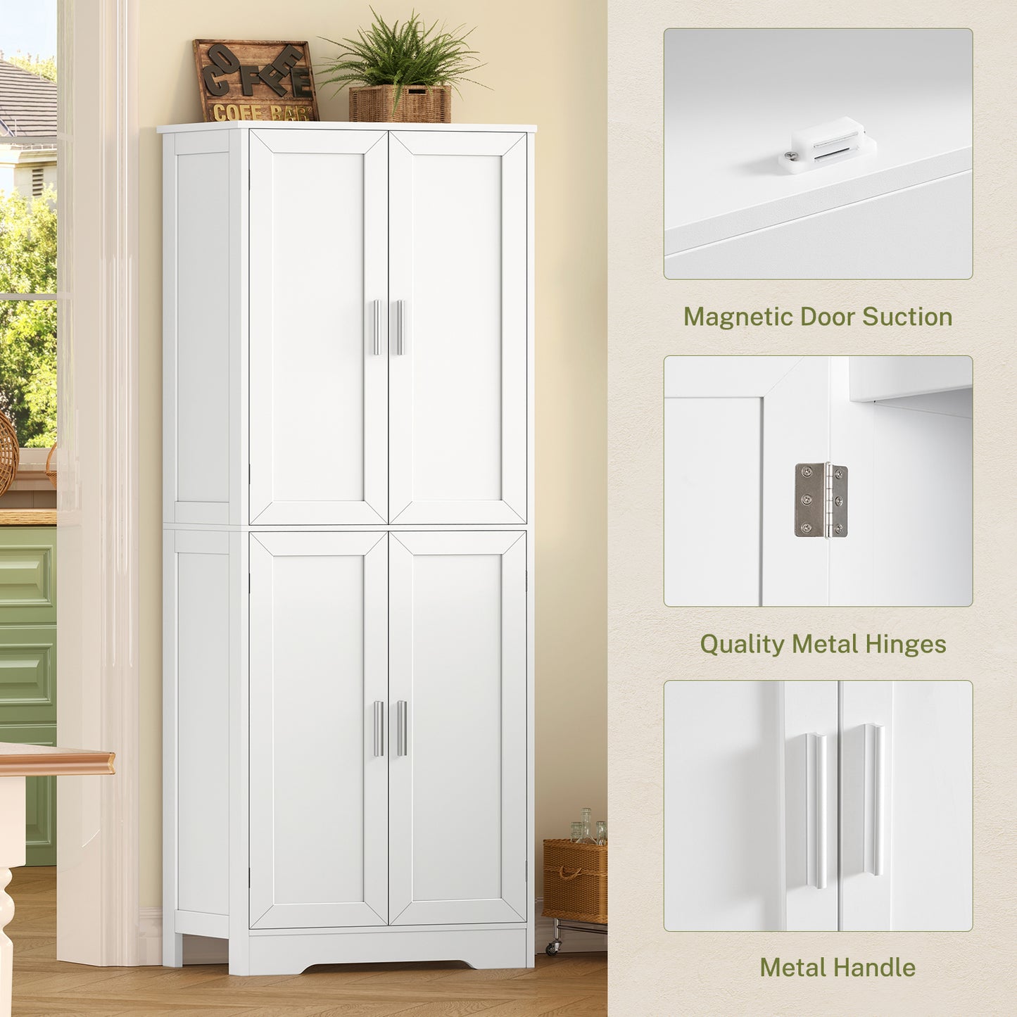 USIKEY 67” Storage Cabinet, Kitchen Pantry Cabinet with 4 Doors and Adjustable Shelves, Cupboard, Tall Bathroom Cabinets for Living Room, White