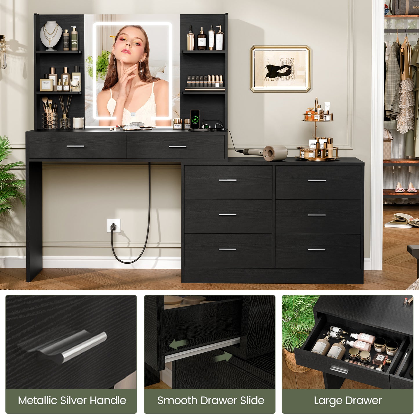 USIKEY Vanity Makeup Desk with LED Light Mirror & Power Outlet, 8 Drawers, Storage Shelves, & Adjustable Brightness Dressing Table, Corner Vanity Desk
