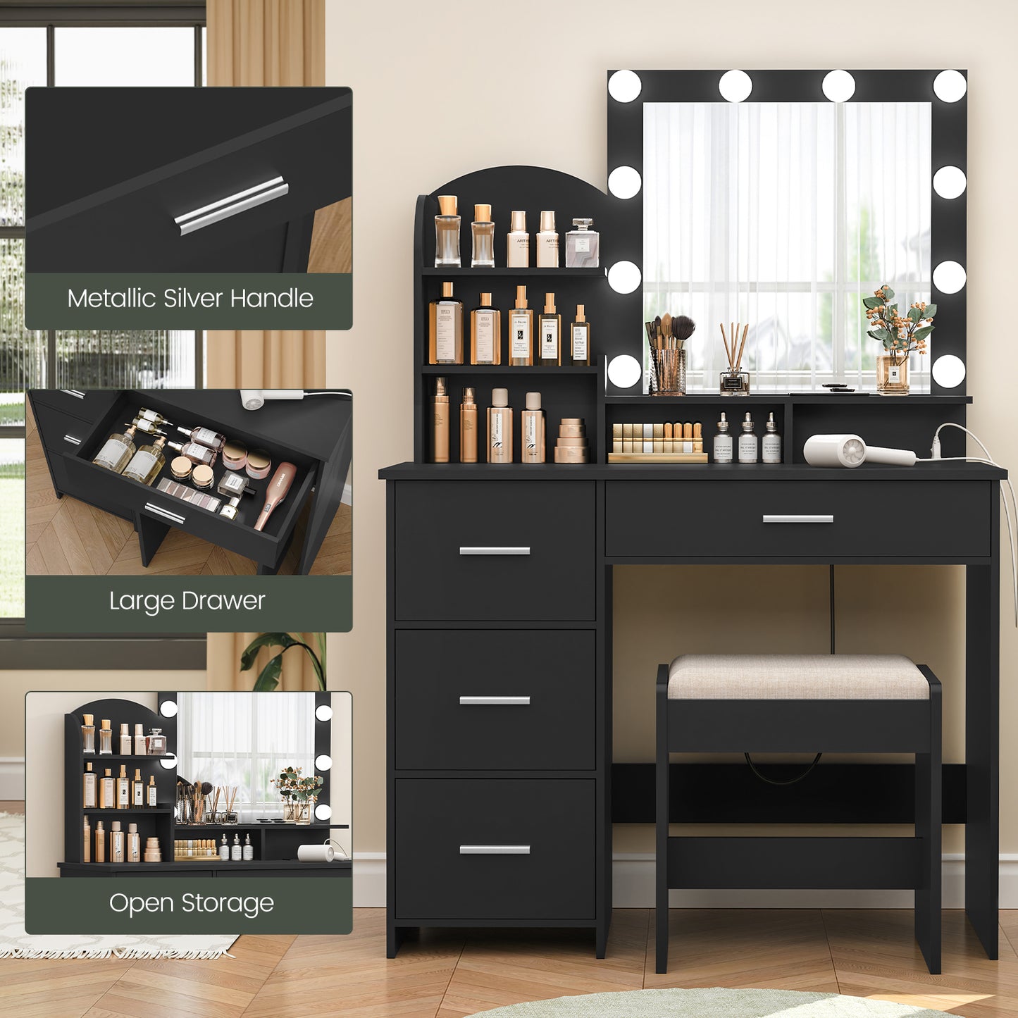 Makeup Vanity with 10 Light Bulbs and Charging Station, Vanity Desk with Lighted Mirror & 4 Drawers Chest, Vanity Set, Vanity Table Set with Cushioned Stool, for Bedroom